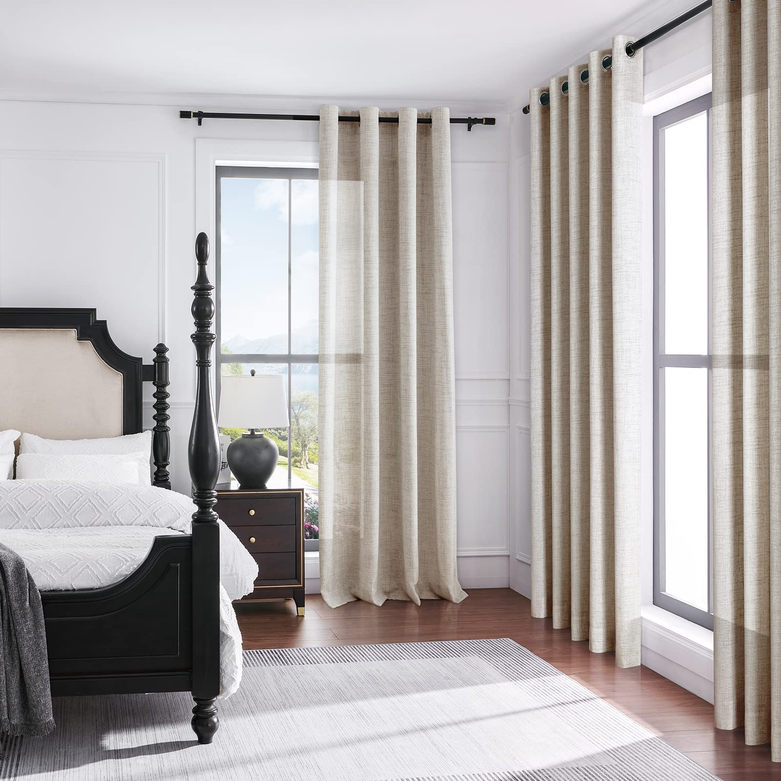 Melodieux Verdunklungsvorhänge mit ösen - Beige Gardinen Leinen Optik Halbfrei Vorhänge 2er Set, 210x140cm, Halbtransparent Ösenvorhang Ösenschal Transparent