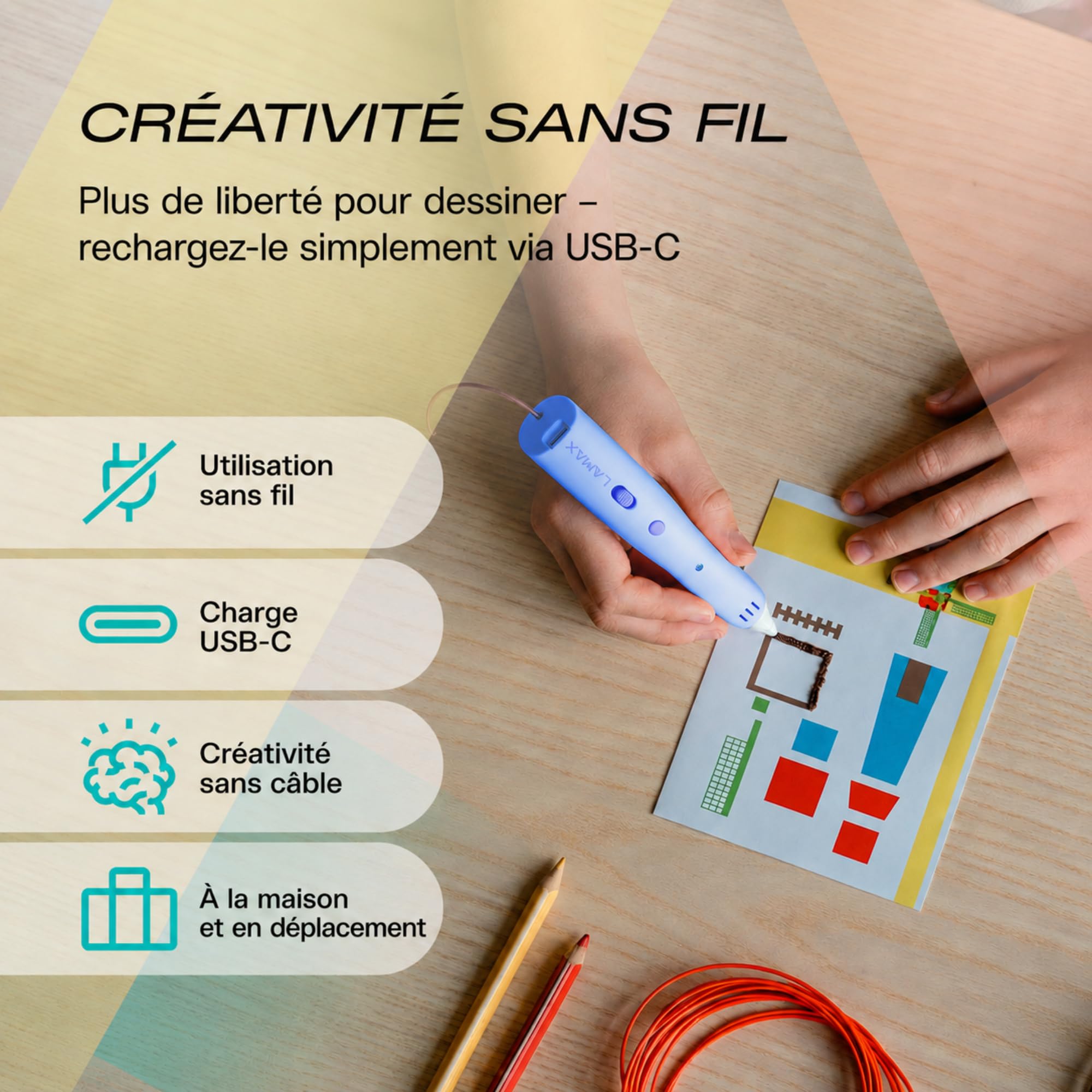 LAMAX ArtKid1 Stylo 3D, stylos 3D pour enfants, recharges hypoallergéniques non toxiques, 2 vitesses, 2 niveaux de température, 12 recharges, diamètre du filament (remplissage) 1,75 mm (bleu)