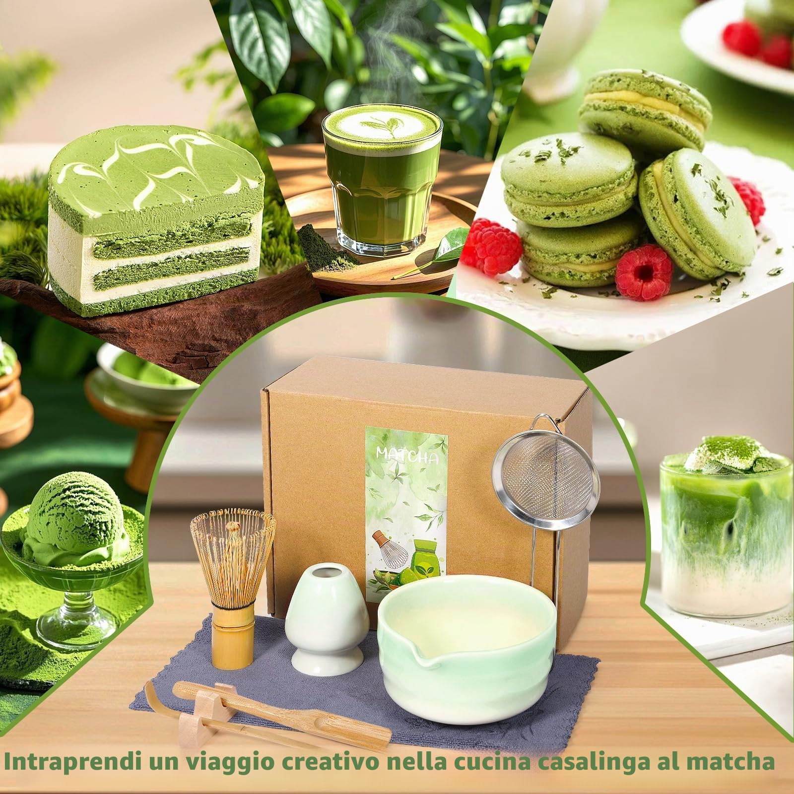 Matcha Kit - Set Di 8 Pezzi, Matcha Tea Kit Con Matcha Bowl(Beccuccio), MatchaWhisk, Supporto Chasen, MatchaCucchiaino, Setaccio ecc, Japanese Tea Set - per Cerimonia del Tè (verde)
