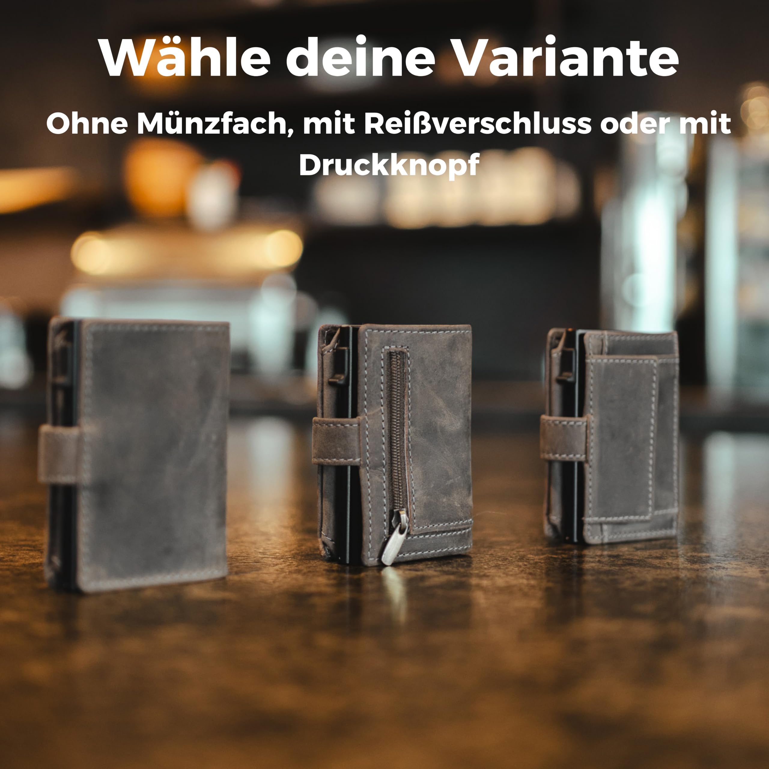 Baur Slim Wallet aus echtem Leder – Kreditkartenetui mit Aluminium Pop-Up Case & RFID-Schutz – Kleine Geldbörse für Herren mit Münzfach – Smart Wallet (Münzfach mit Reißverschluss, Büffelleder Grau)