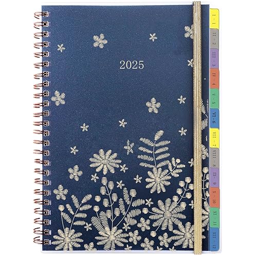 2025 Diary A5 Week to View Vertical, Monthly &amp; Weekly Planner with Tabs, Time, Back Pocket, Extra Contact, Notes, UK Holiday, Spiral Bound, Elastic Appointment Personal Organiser, Jan.25-Dec.25