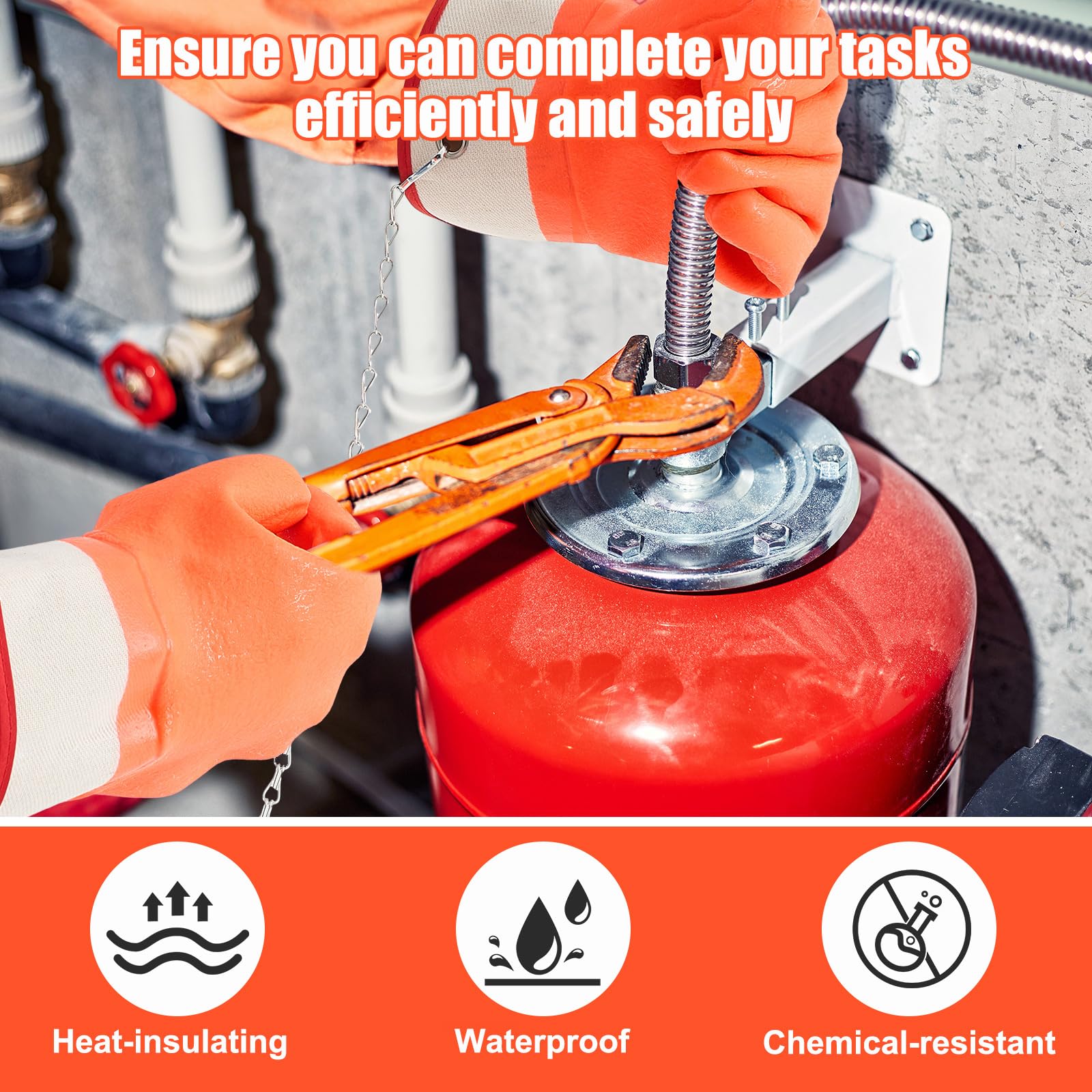 Teenyyou 1 par de guantes de manejo cilíndrico de propano con cadenas, guantes de PVC de doble inmersión, guantes naranjas de alta visibilidad con puño de seguridad, guantes de trabajo impermeables