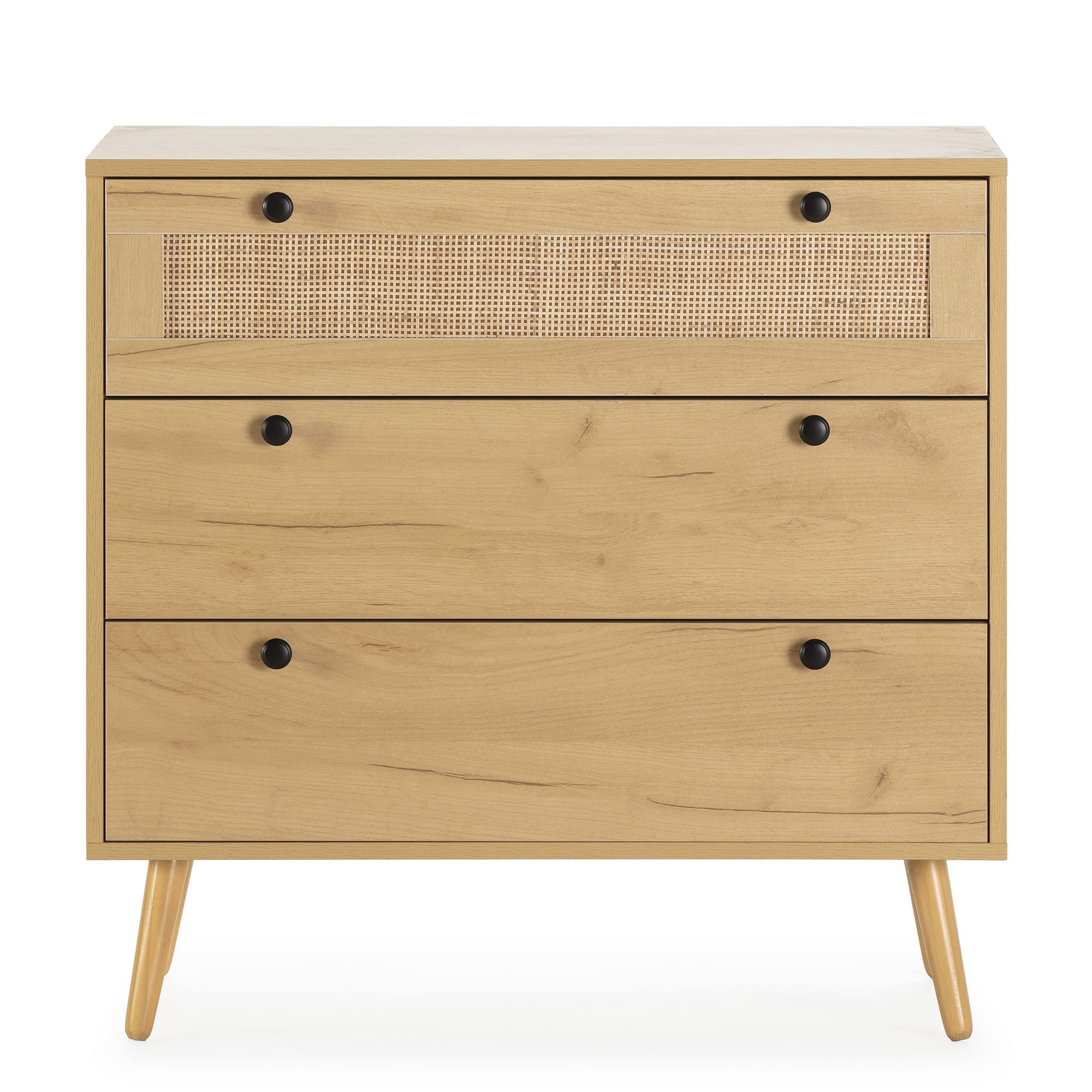 HOMN LIVING Cómoda de Noche Bella 3 cajones Color Roble con ratán Natural, guías metálicas, 80 cm (Ancho) 37,5 cm (Profundo) 77,5 cm (Altura)