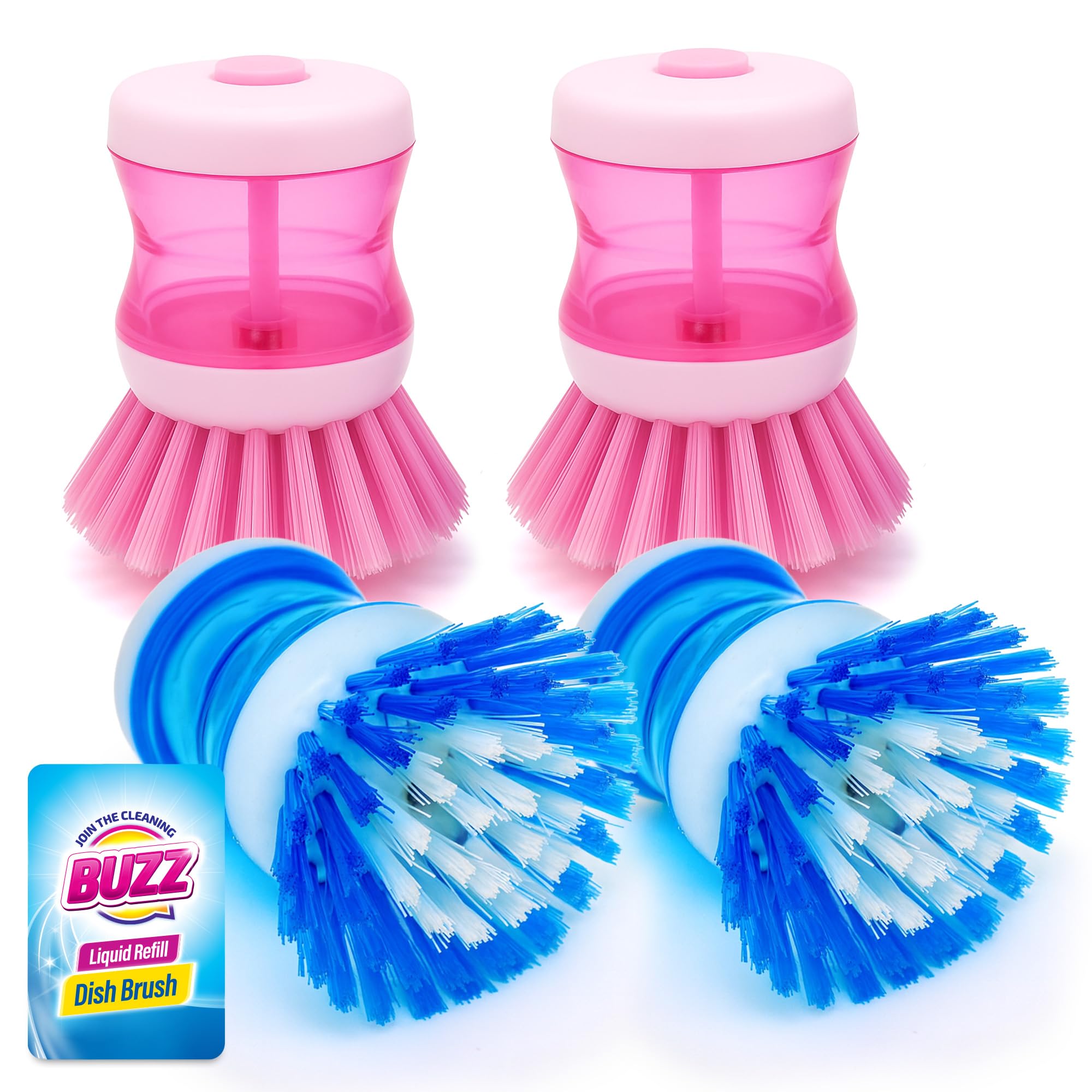Buzz 4pk Washing Up Brush with Liquid Dispenser, Soap Dispensing Palm Scrub for Dishes and Pans, Compact Dishwashing Tool with Durable Bristles for Kitchen Sink Cleaning and Daily Scrubbing