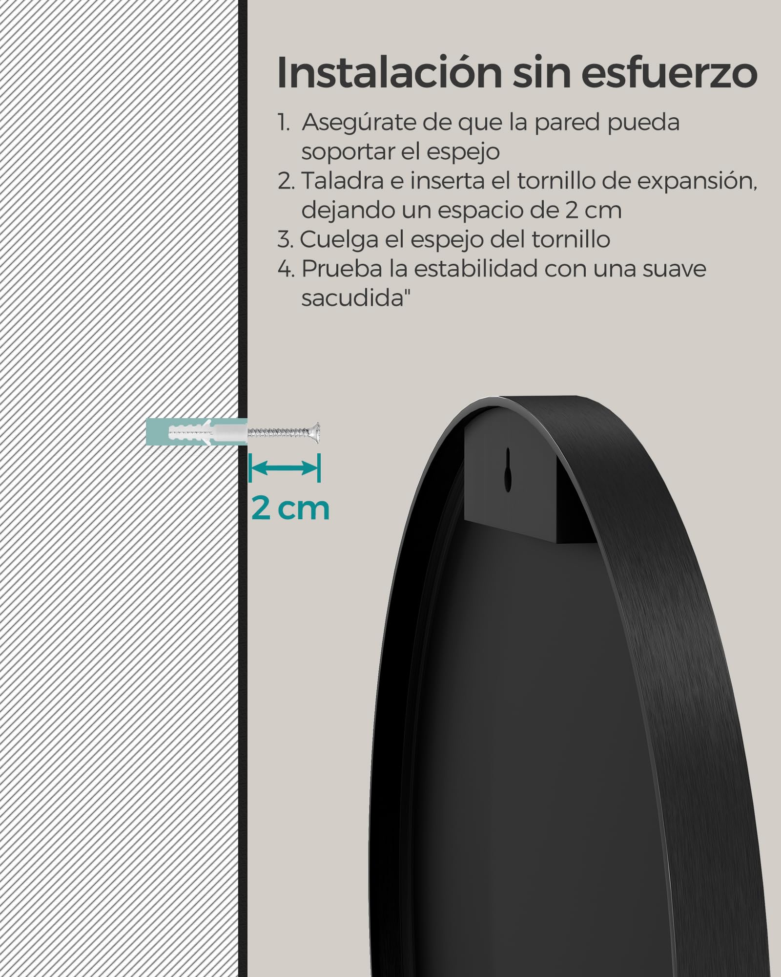 SONGMICS Espejo Redondo, Espejo de Baño para Pared de 61 Cm, Marco de Metal, Fácil Montaje, Espejo de Pared Moderno para Baño, Sala de Estar, Dormitorio, Entrada, Pasillo, Negro Tinta LWM102B01