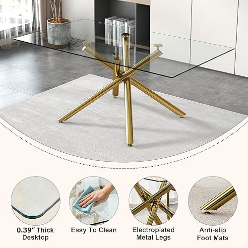 Miniatura 4 de Juego de 6 mesas de comedor de cristal, moderno juego de mesa de comedor de 71 pulgadas con 6 sillas de comedor tapizadas de piel sintética para