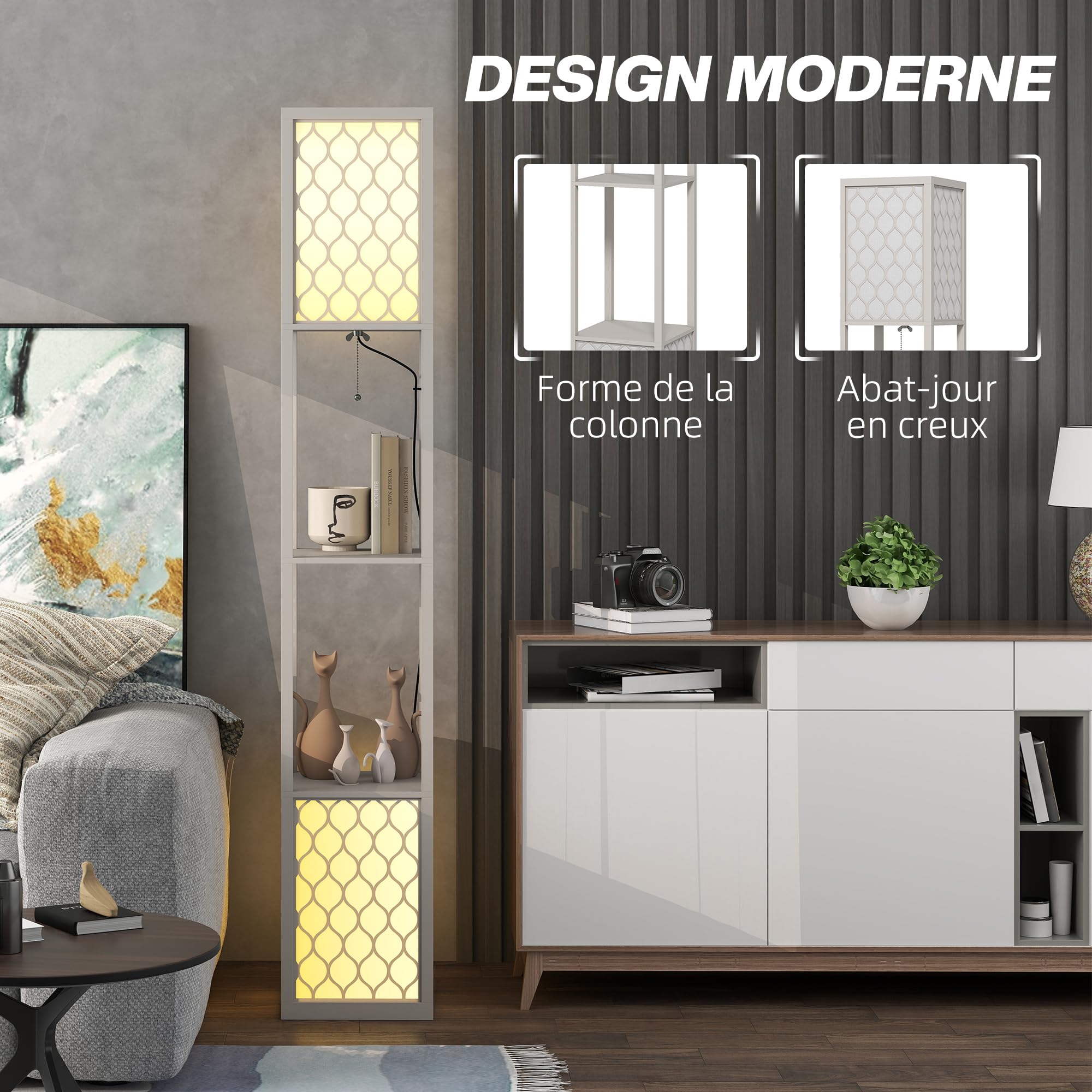 HOMCOM Lámpara de Pie con Estante, 2 Lámparas con Casquillo E27, 2 Estantes, 4 Niveles, Diseño de Nido de Abeja, Pantalla de Terileno Algodón, MDF, Gris