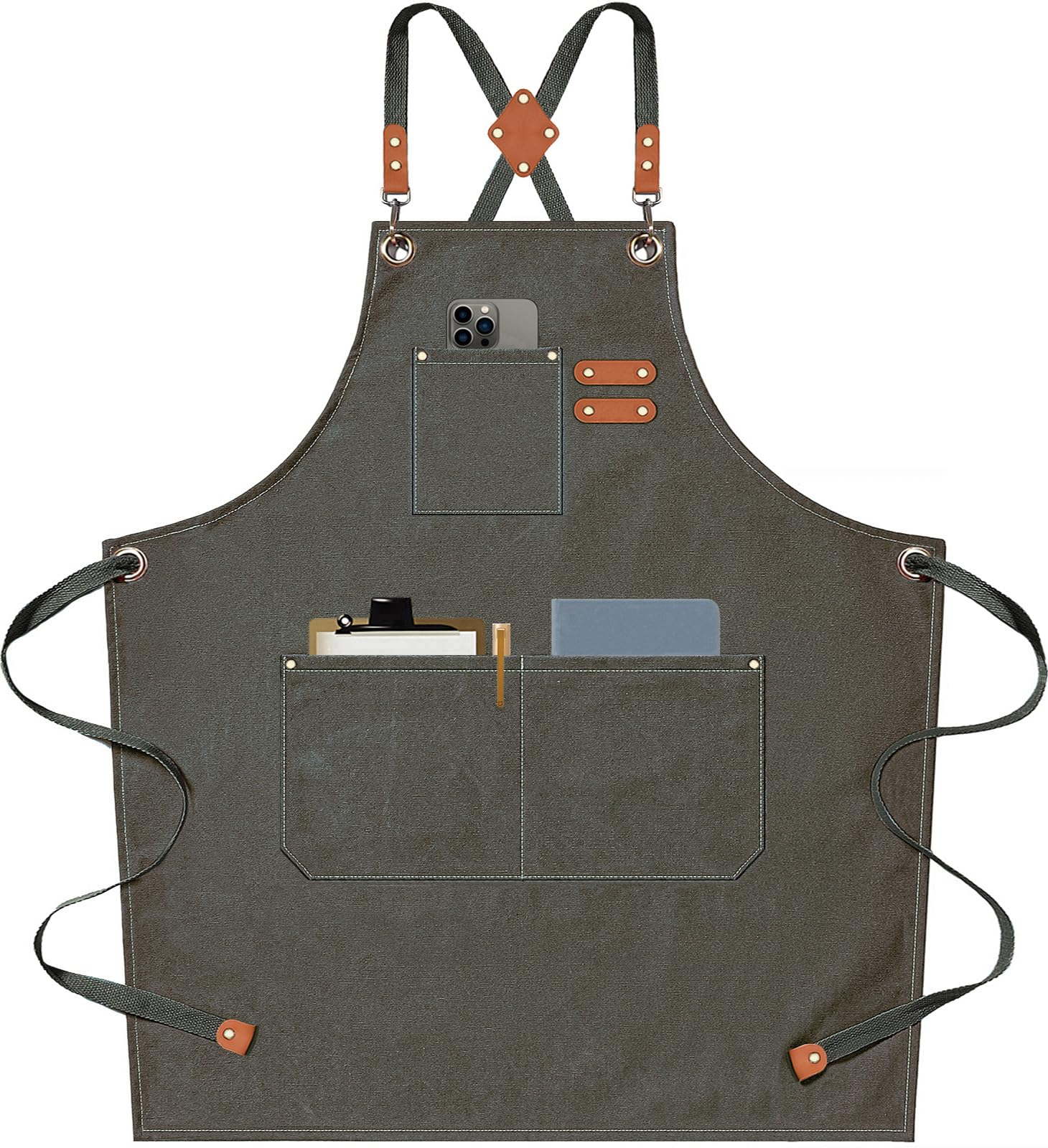 Chef Aprons for Men Women with Large Pockets, Cotton Canvas Cross Back Heavy Duty Adjustable Work Apron, Size M to XXL (Grey Green)