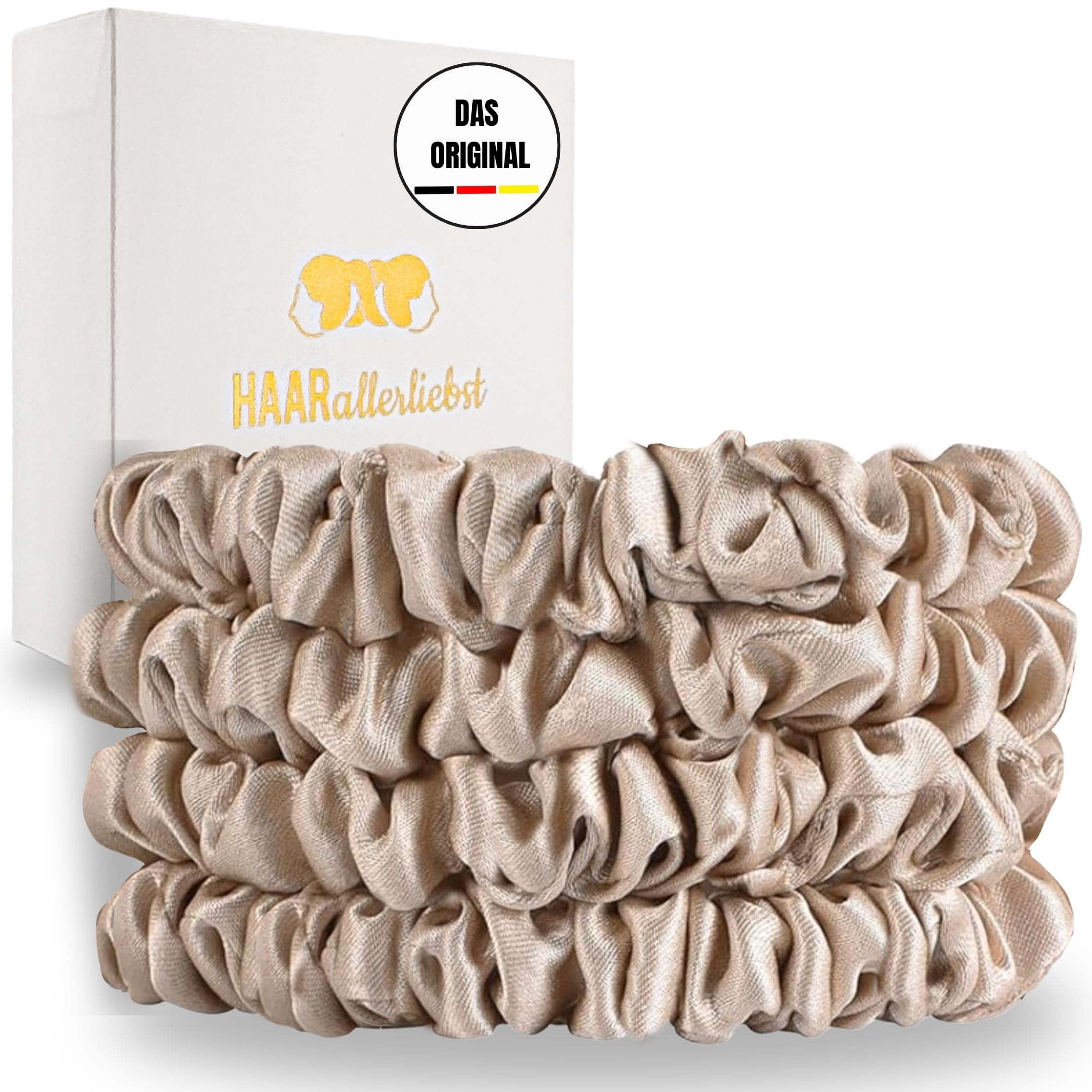 HAARallerliebst® 4er-Set 100% dünne Seide Scrunchie Haargummis mit Pappschachtel, Haargummi für jeden Tag, Haarpflege Scrunchies, ohne Haarschäden (beige, dünn)