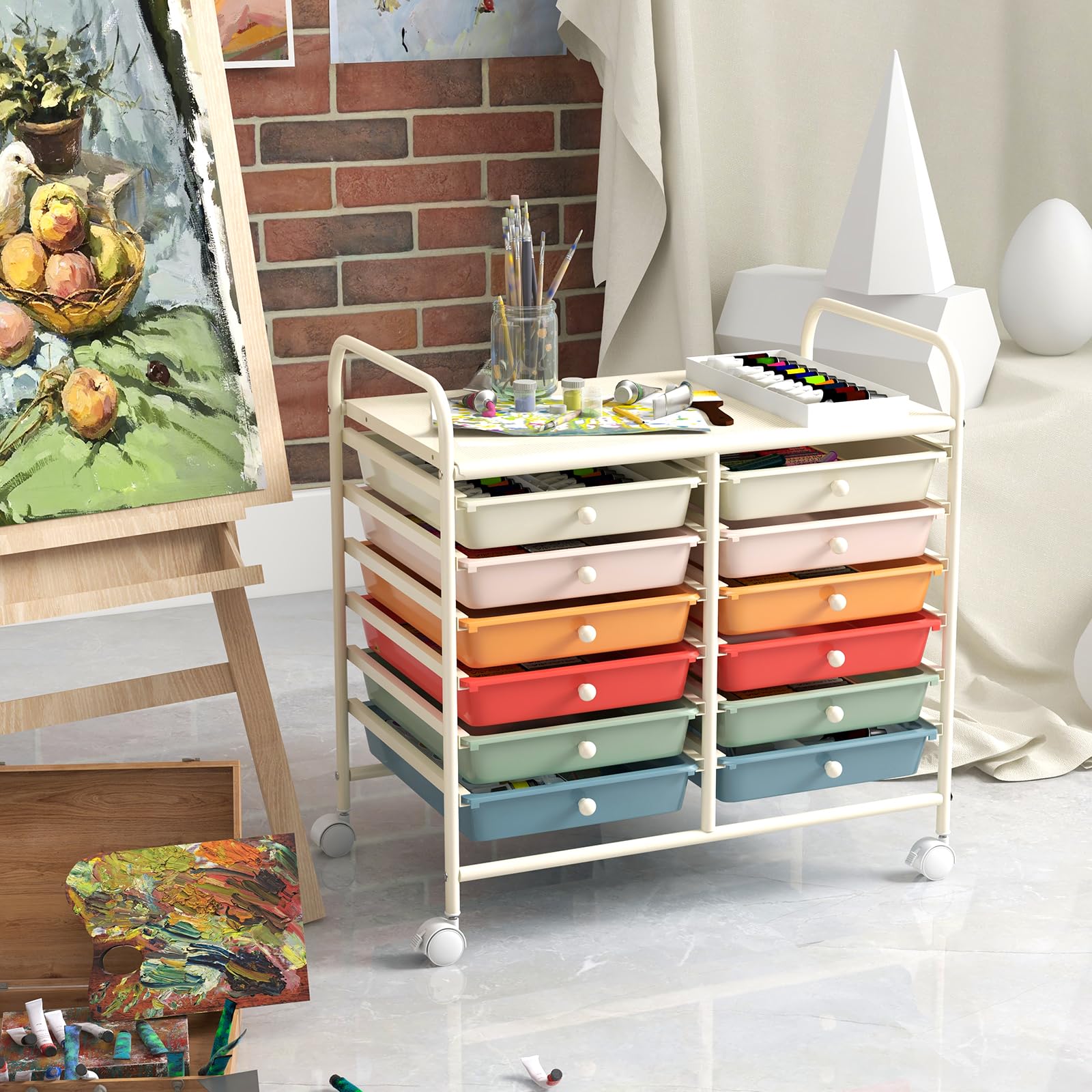 COSTWAY Chariot de Rangement à Roulettes 12 Tiroirs en PP, Tour de Rangement avec Tablette, Roues Universelles, Cadre en Métal, Desserte Meuble Tiroir pour Bureau École Salon (Macaron)