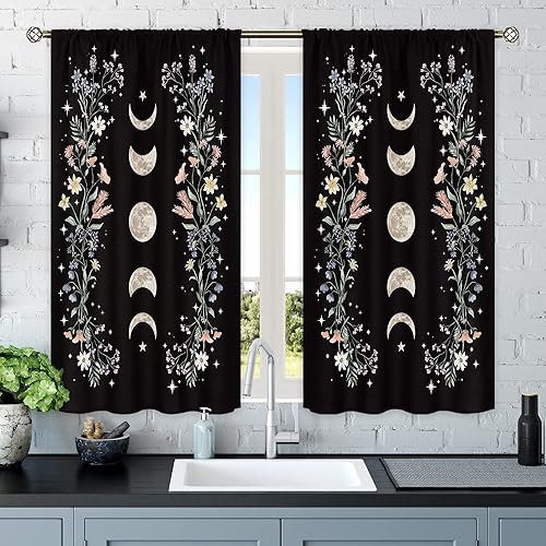 Miniatura 2 de Mitpok Cortinas florales bohemias de fases lunares de 42 pulgadas de ancho x 45 pulgadas de alto, bolsillo para cortinero, flores silvestres