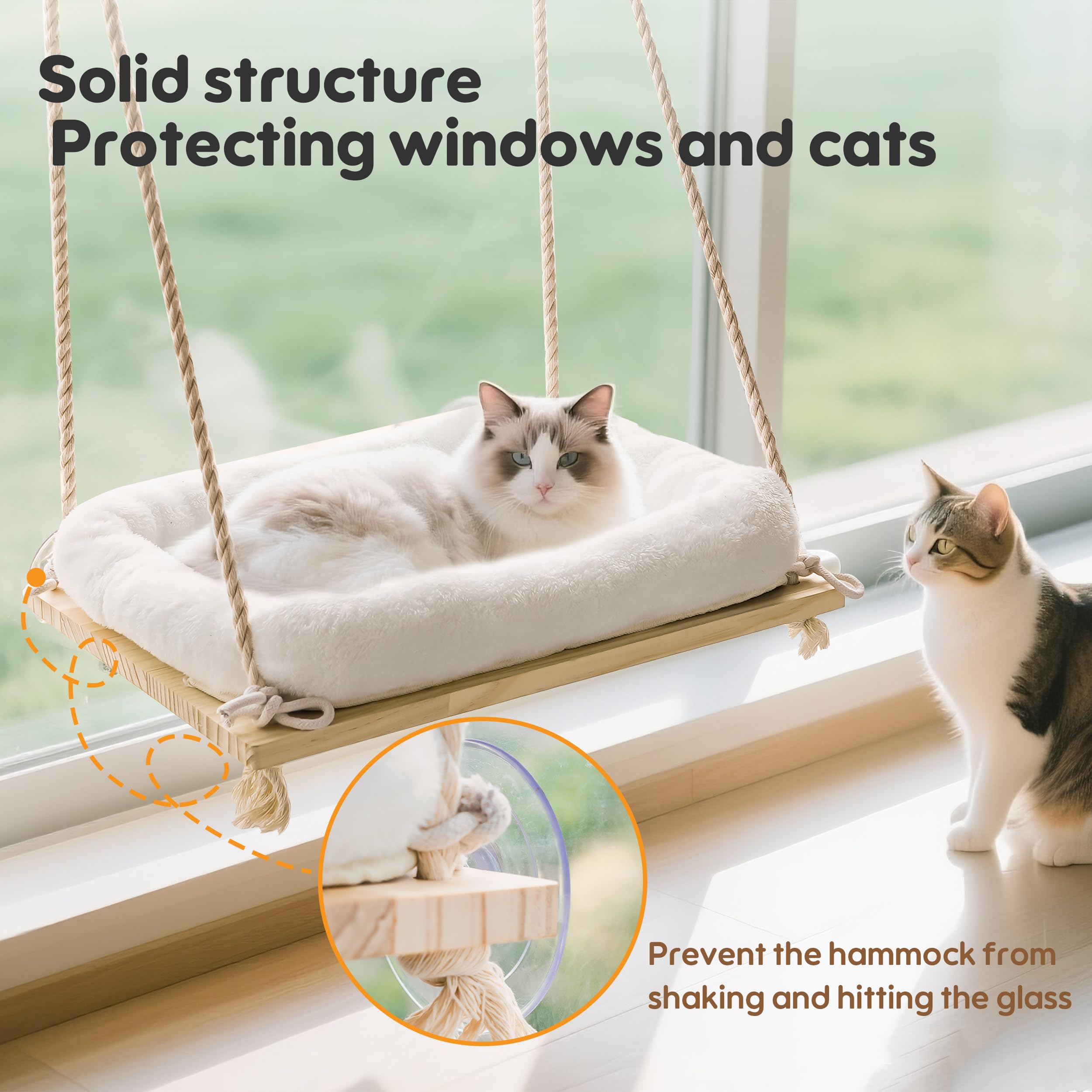 Cat Window Perch, Rustic Cat Hammock Bed with Solid Wood Seat 4 Heavy Duty Suction Cups, Plush Cushion, Indoor Pet Window Hammock for Cats for Large Cats (XL) - image 7