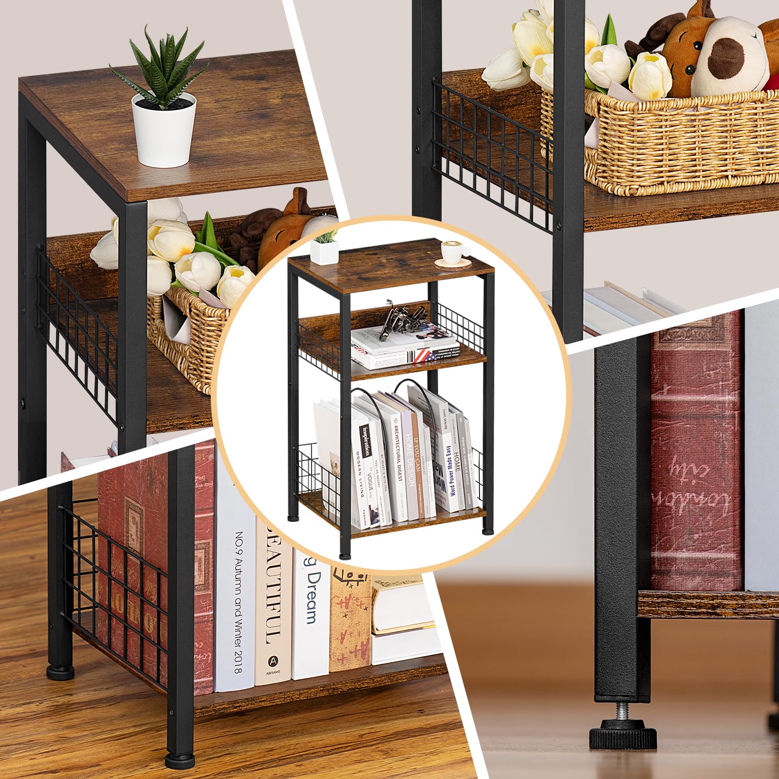 LEBOAHOUS 3 Tier Record Player Stand, Industrial Turntable Stand with Storage Shelf Up to 100 Albums, Narrow End Side Table for Small Spaces,Vintage Brown Nightstand for Living Room, Bedroom, Office