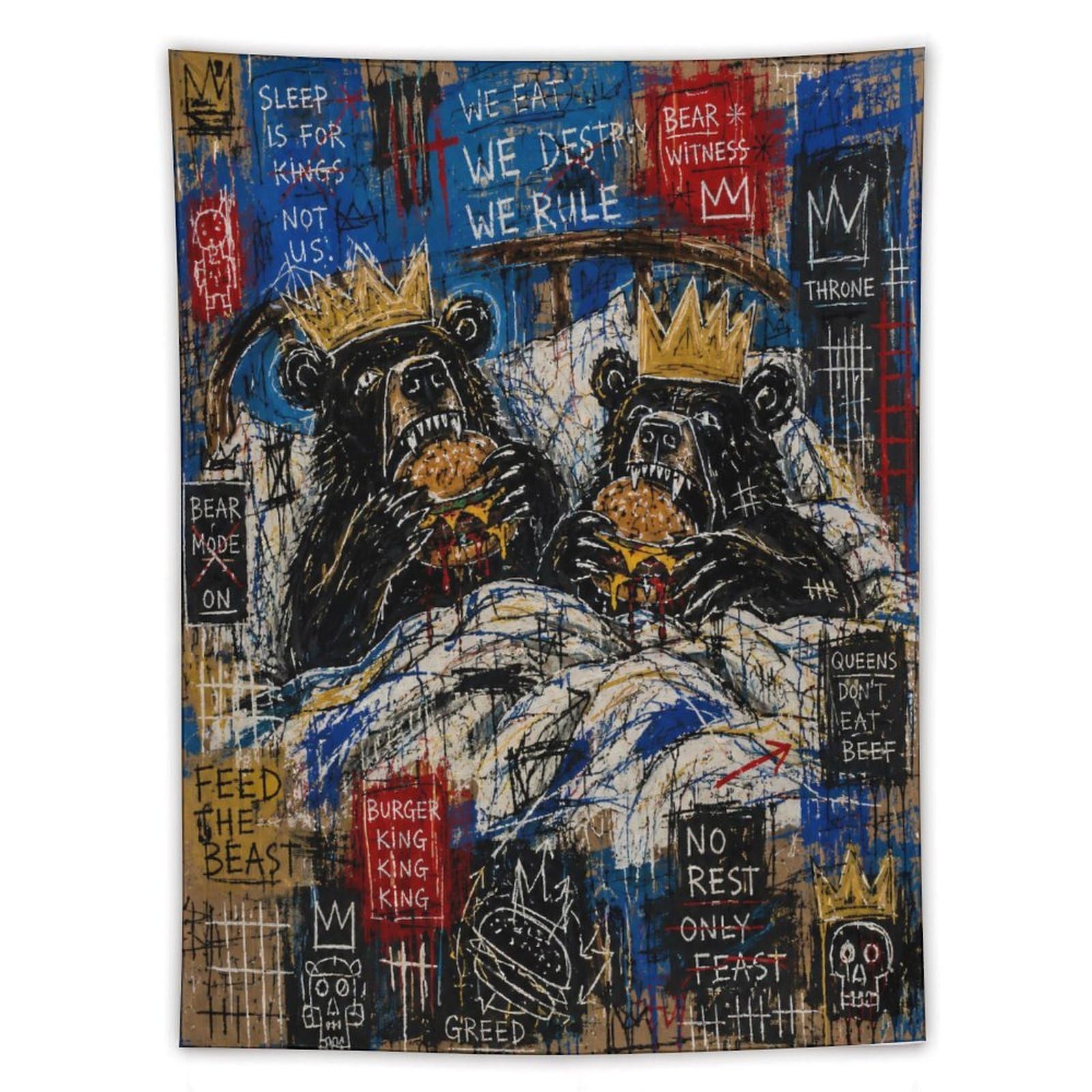 W7C8U2X3 Dog Pair in Bed Wall Tapestry, Realistic Illustration, Dorm Room