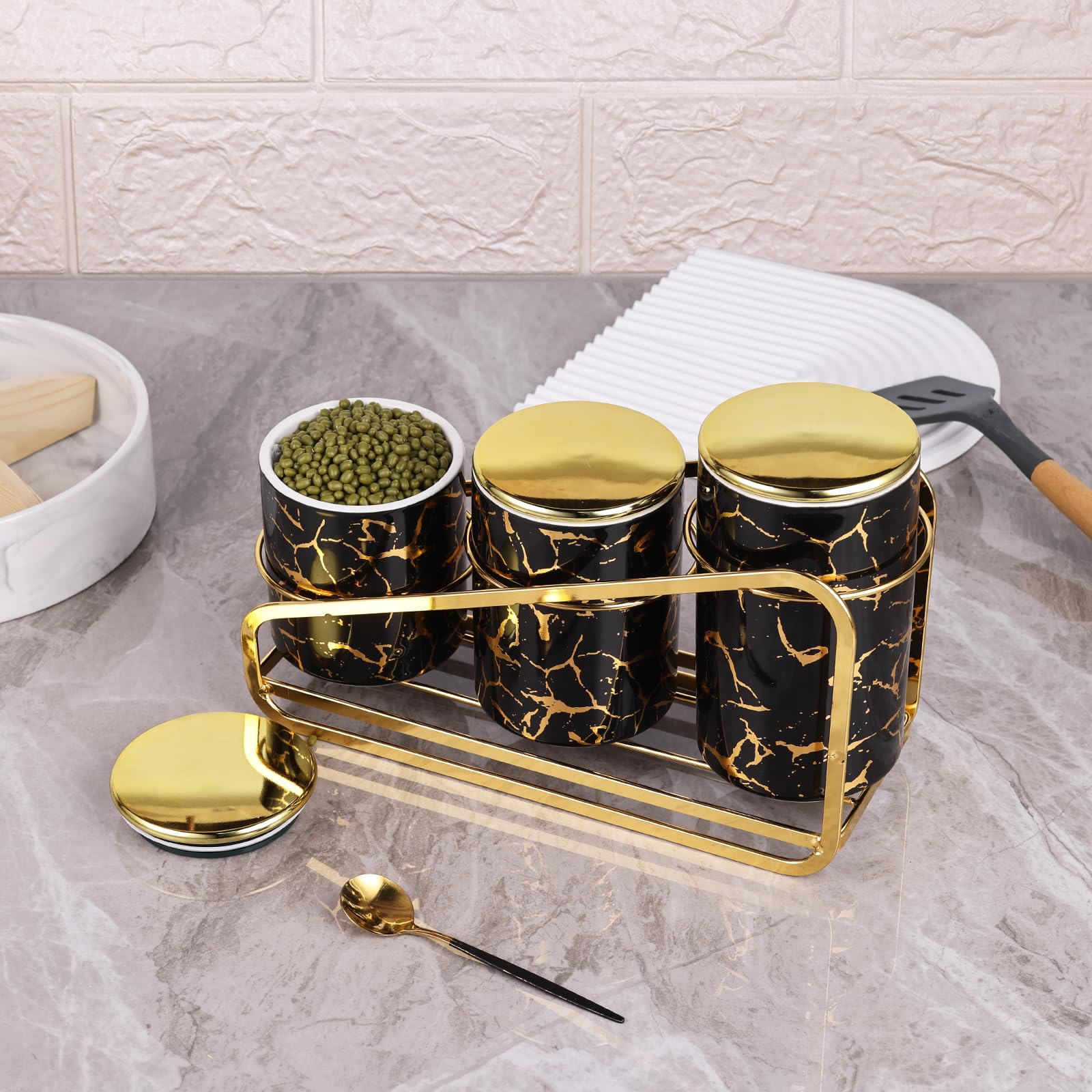 Set di Barattoli in Ceramica con Motivo Dorato per Piano di Lavoro della Cucina, Contenitori Alimentari con Scaffale a Ripiani, Contenitori Ermetici per Caffè, Zucchero e Sale