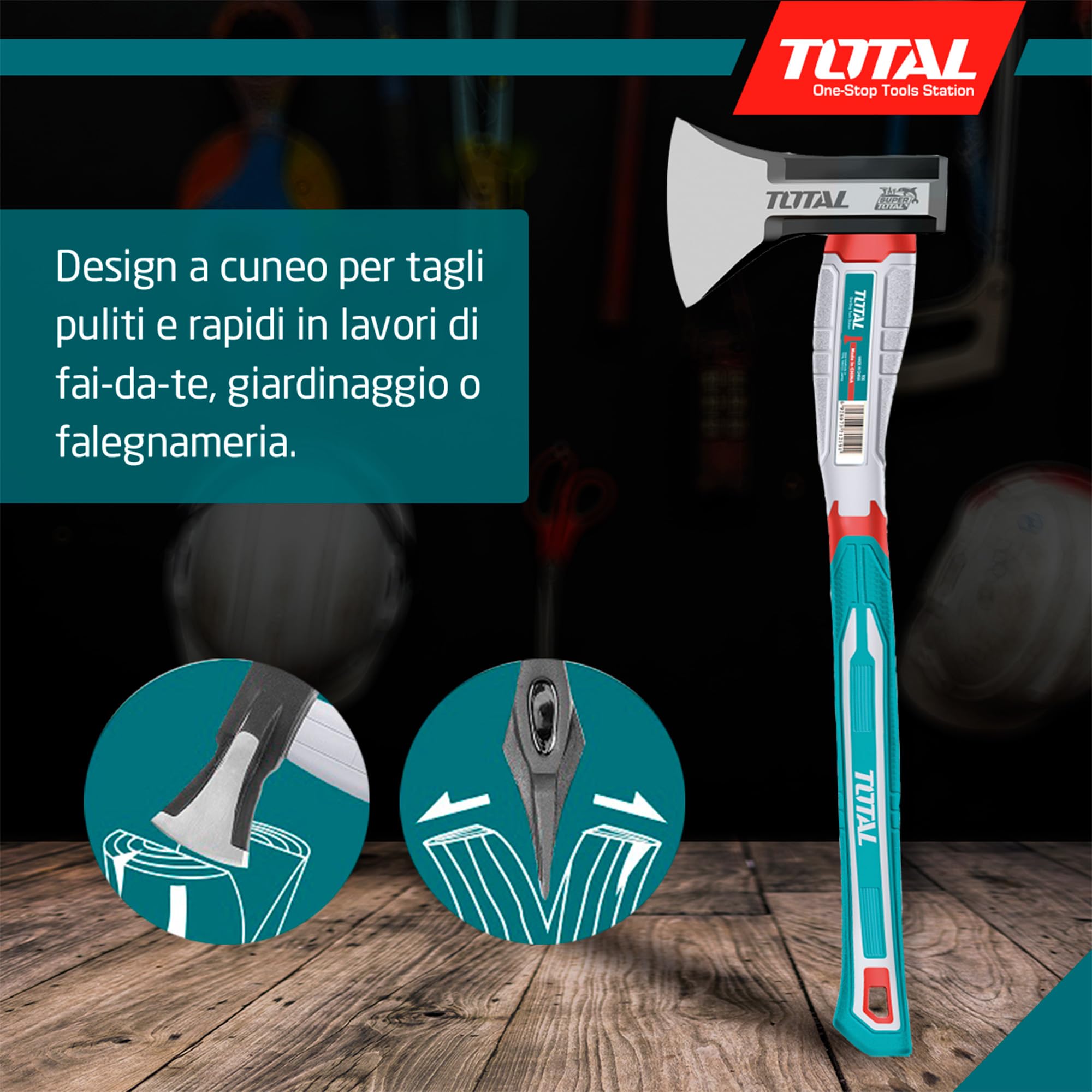 TOTAL - Ascia con manico in fibra | Lama in acciaio al carbonio | Impugnatura comoda e taglio preciso | Per fai-da-te, campeggio e giardinaggio | Peso: 1250 g