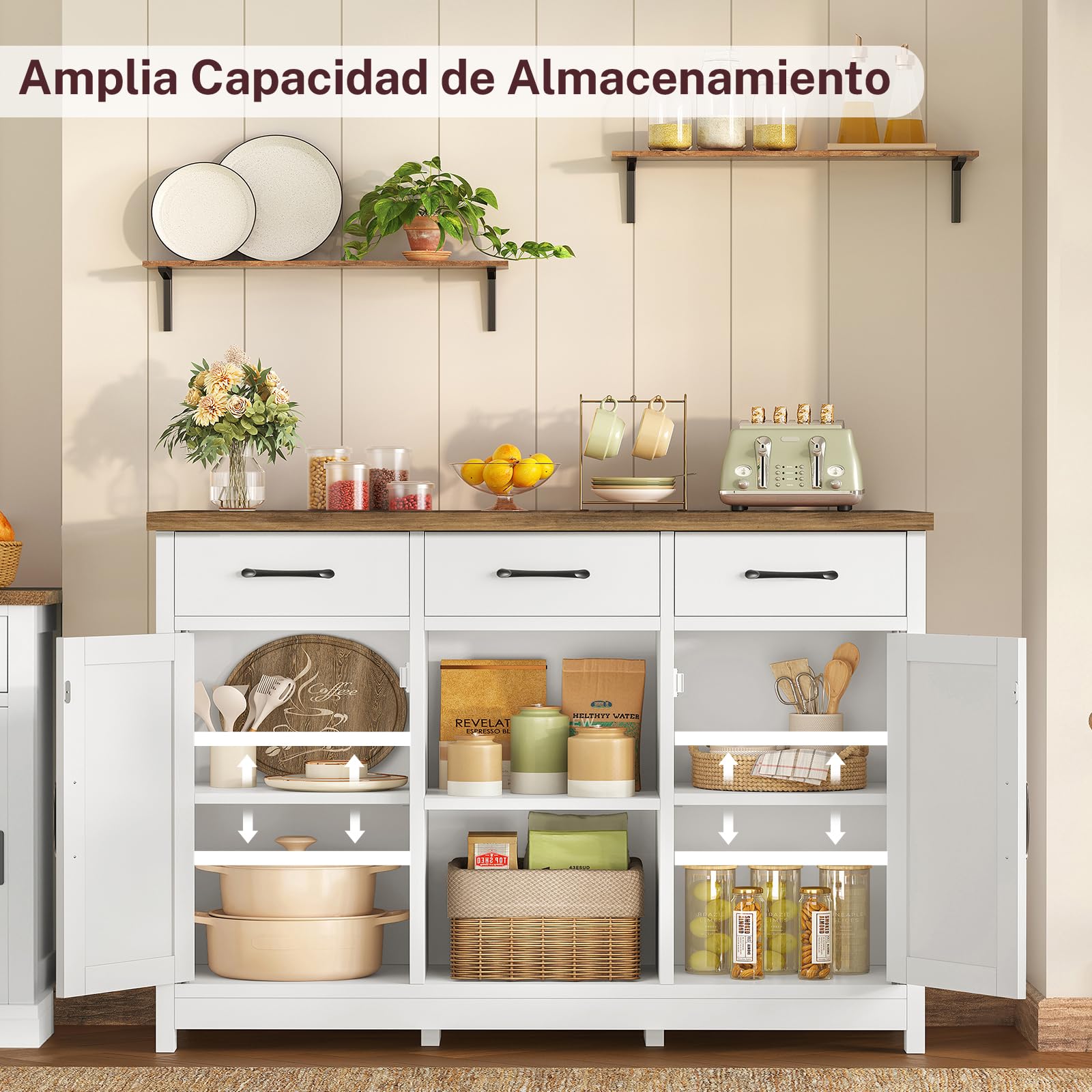 TEENFON Aparadores para Salon con 3 Cajones, Aparador Cocina con Estantes Ajustables, Armario Cocin con Trabajo para Pasillo, Cocina, Comedor, Dormitorio y Baño - 90 x 30 x 80 cm - Blanco