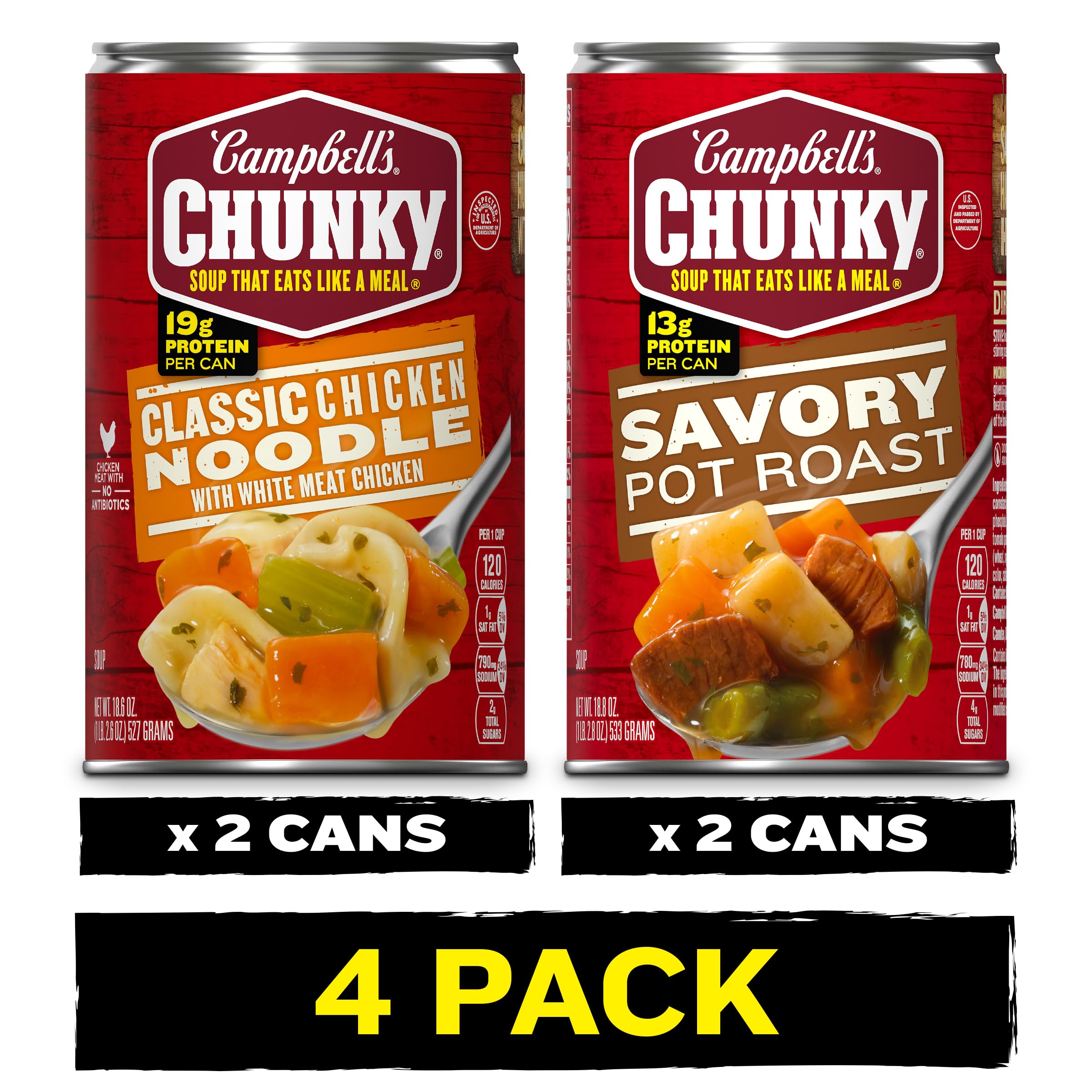 Campbell's Chunky 4 pack Soup Bundle: (2) Classic Chicken Noodle Soup 18.6 oz, (2) Chunky Savory Pot Roast Soup 18.8 oz