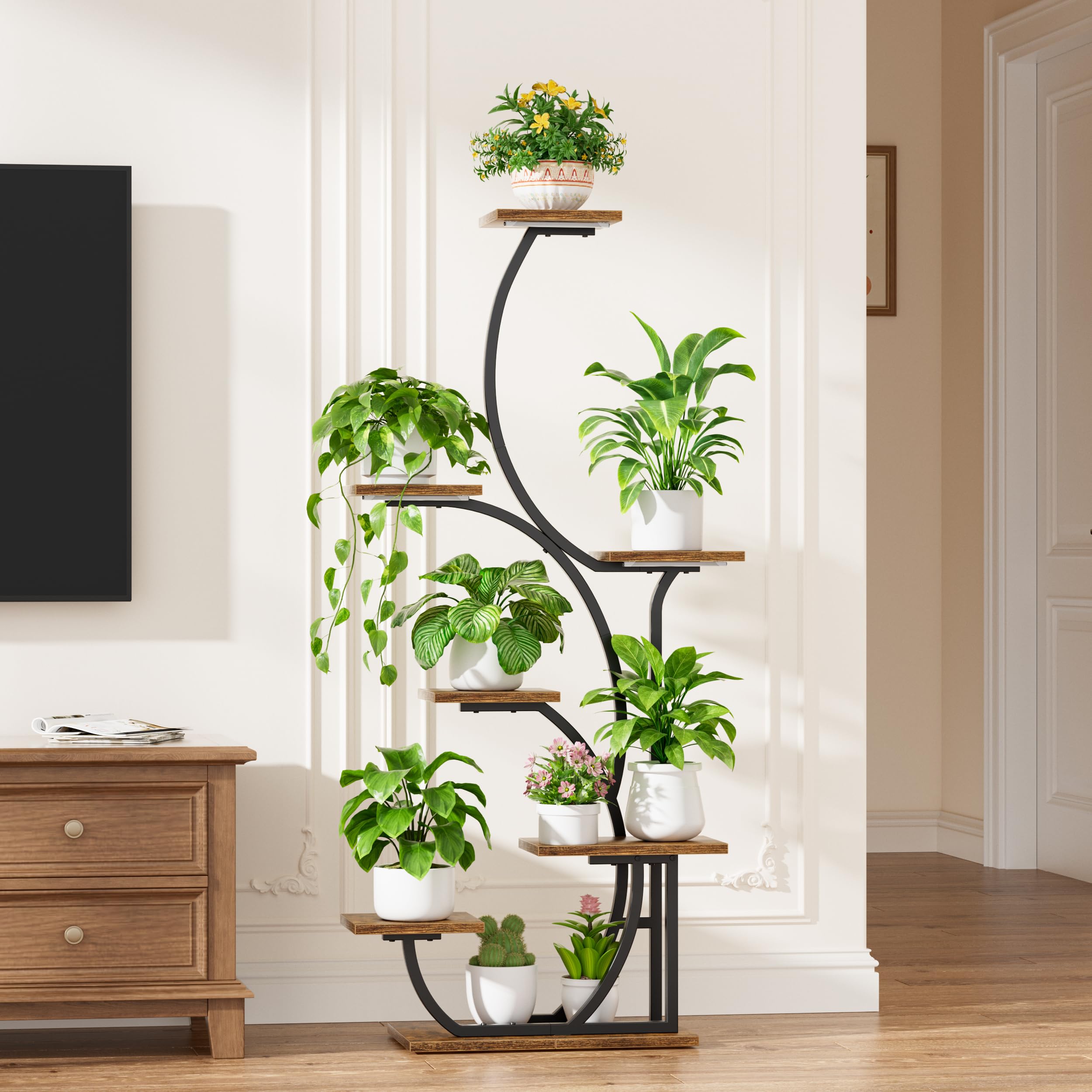 Pflanzenständer für den Innenbereich mit Wachstumslichtern – beleuchtetes Pflanzenregal für den Innenbereich, 144,8 cm, 7 Etagen, Eckpflanzenständer für den Innenbereich, hohes Blumenregal, S-förmiger