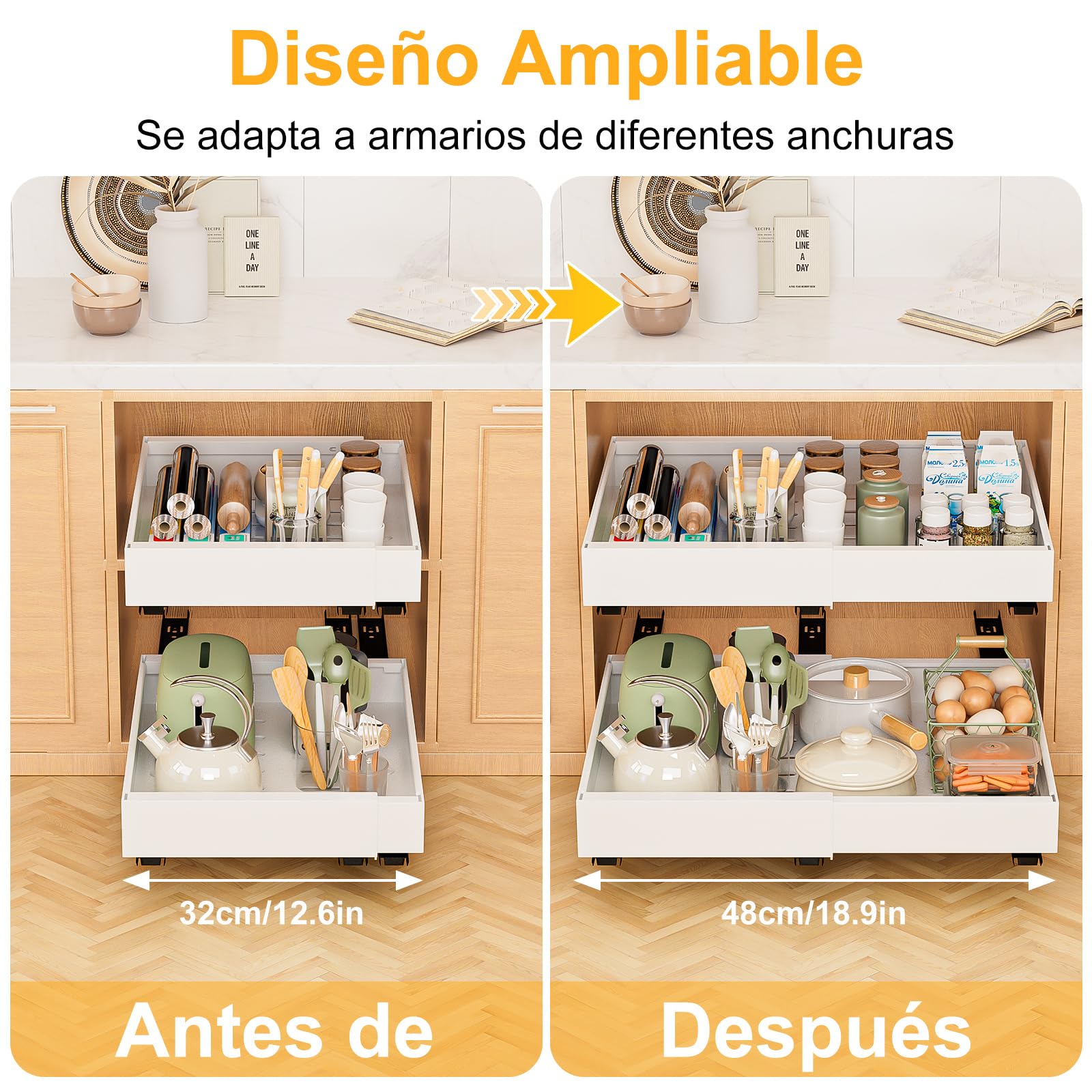 Cajón Telescópico 2 piezas Cajones Extraibles Para Cocina Bandeja Armario Cocina Cajón Deslizante Para Alacena Cajón de Cocina Extensible Desplegable Organizador de Cajones(52-32 x 42 x 7cm) (Weiß)