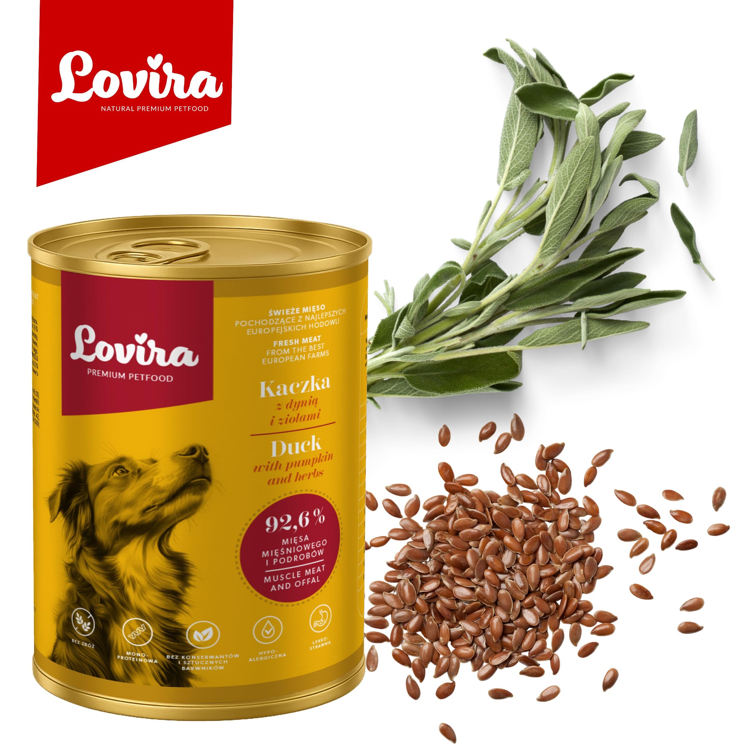 Lovira - mokra karma dla psów - mokra karma dla psów - 74,6% mięsa, bez zbóż, kaczka - z dynią i ziołami, bez sztucznych dodatków, dla wrażliwych, dorosłych psów, w puszce, 24 x 400 g