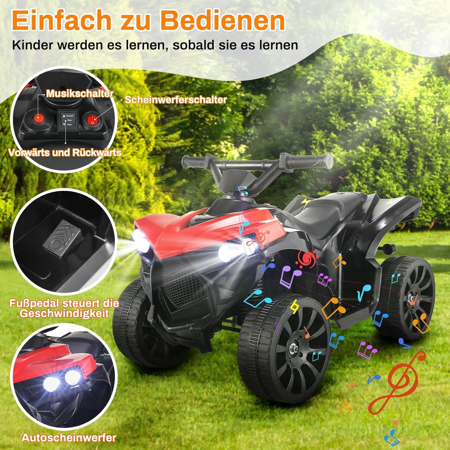 MAMIZO 6V Elektro-Quad Kinder, Kinderfahrzeug mit 3 KM/h, für ab 3-5 Jahre | Kinderquad mit LED-Scheinwerfern, Elektroauto mit 4 räder, Elektroquad mit Musik, Hupe, Vorwärts-/Rückwärtsfunktion, Rot