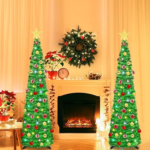Miniatura 9 de HISFFOG Árbol de Navidad de oropel preiluminado de 5 pies con 8 modos de ajuste de luz, 50 luces de color remoto, funciona con pilas, árbol delgado
