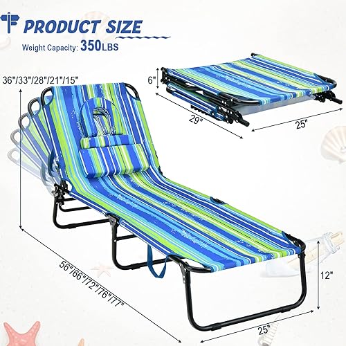 Miniatura 3 de HAPPYGRILL Tumbona de playa con agujero facial y almohadas desmontables, silla de bronceado portátil para tomar el sol con 5 posiciones ajustables,