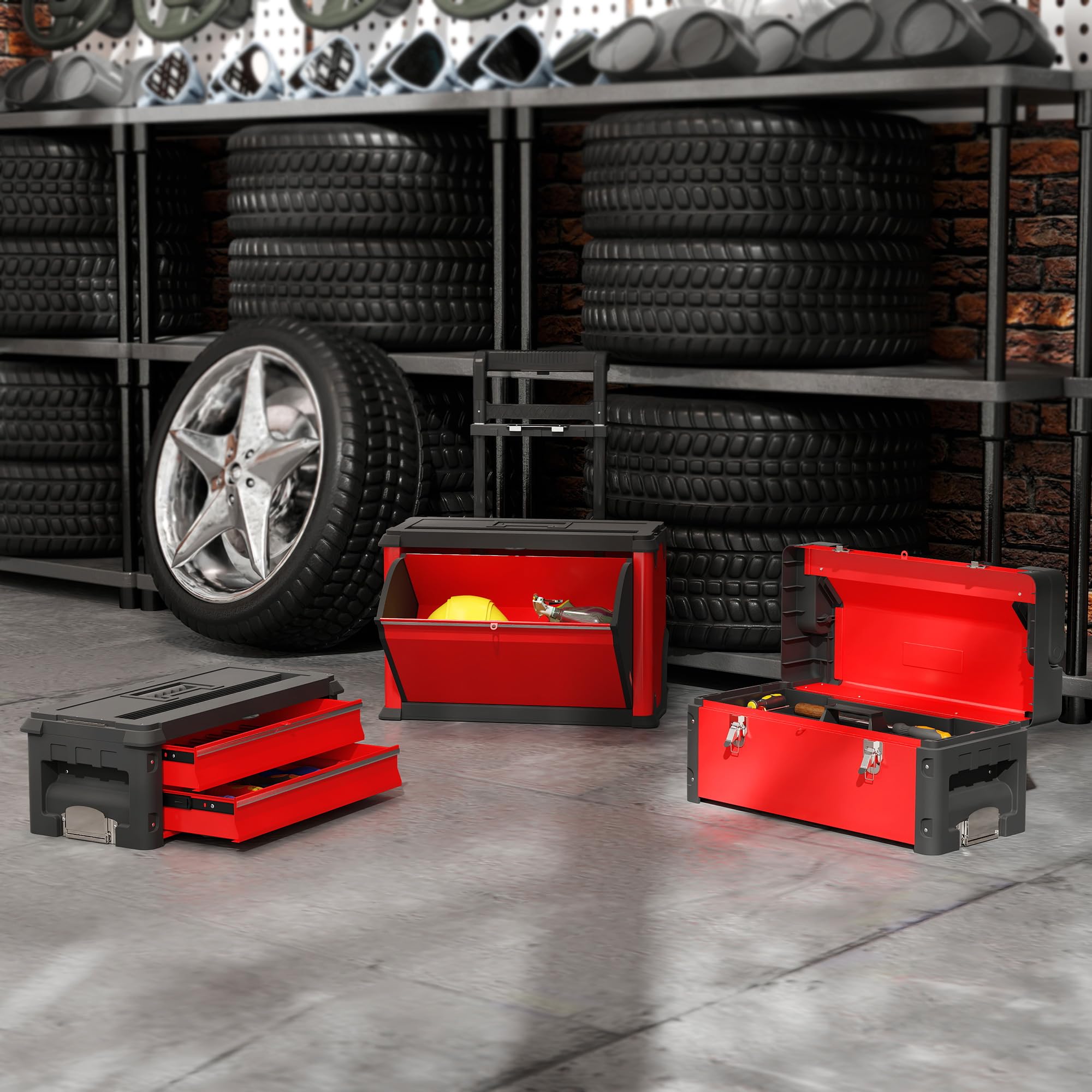 HOMCOM Carro de taller con maletín de herramientas vacío con 3 unidades modulares, carro para almacenamiento de herramientas, caja de herramientas con asa, acero, color rojo