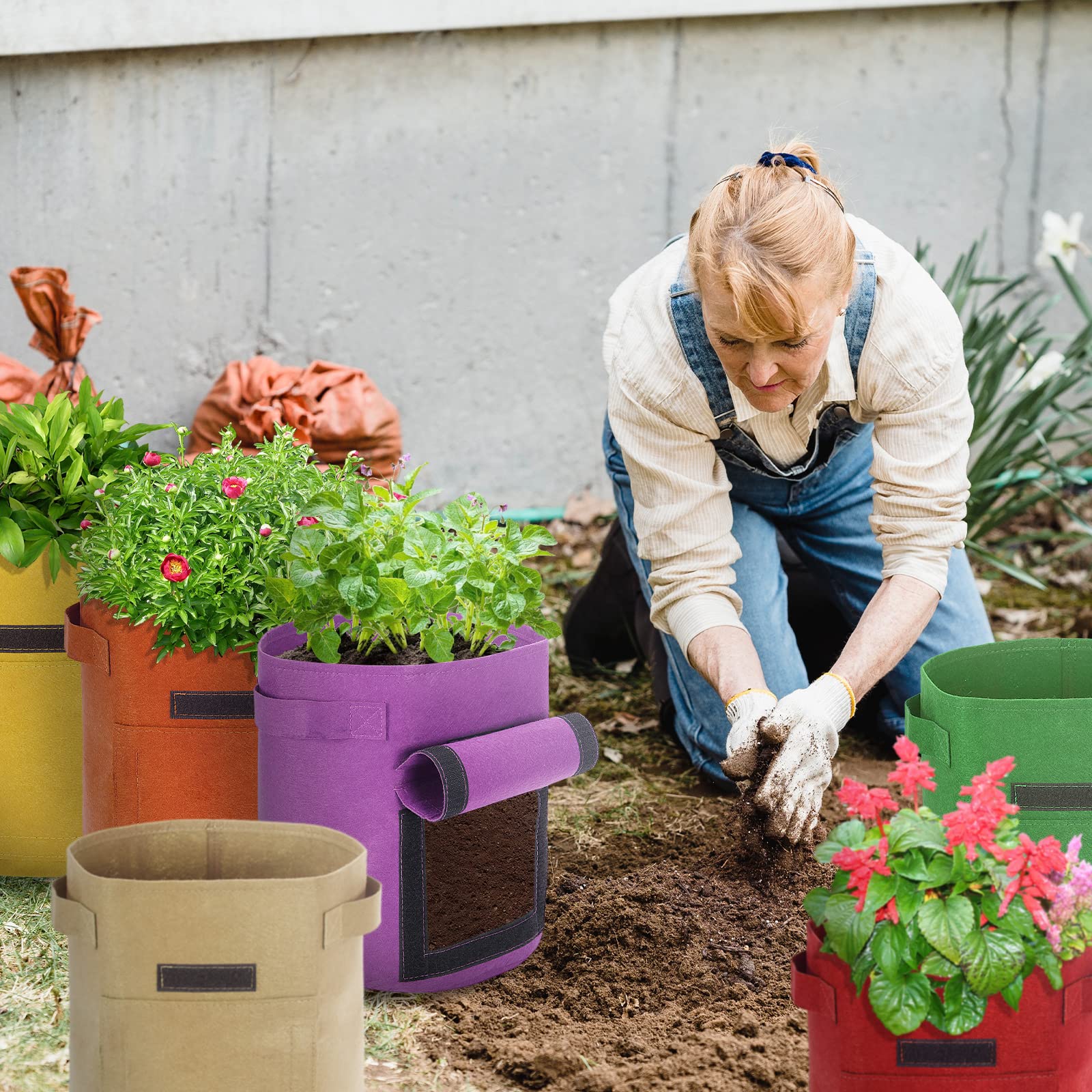 Kartoffel Pflanzsack 6 Stück 10 Gallonen Kartoffel Pflanzsack, 38 L Pflanztaschen mit Sichtbarer Klappe und Griffen, Mehrfarbig Garten Pflanzbeutel für Gemüse, Kartoffel, Tomaten (10 Gallone, 38 L)