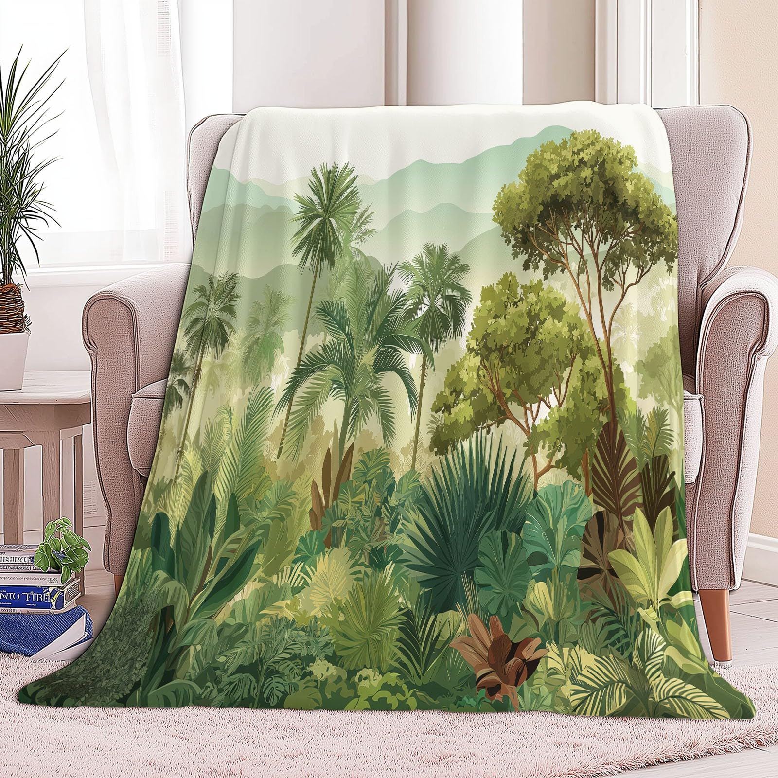 Flanelowy koc krajobraz lasu deszczowego wilgotne drzewa palmowe 150 x 200 cm Koce polarowe z mikrofibry Polar Wszystkie pory roku na podróż Sofa do podróży Łóżko Sofa Dzieci Dorośli, Zielony