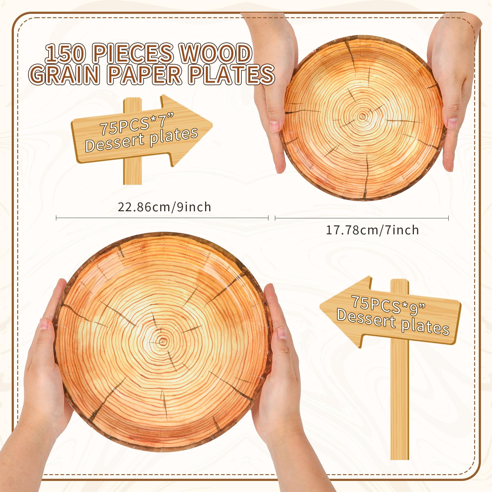 Tioncy 150 platos de papel de grano de madera de 7 pulgadas y 9 pulgadas, plato de madera rústica redonda desechable para fiesta de cumpleaños del bosque, baby shower, leñador, suministros de fiesta