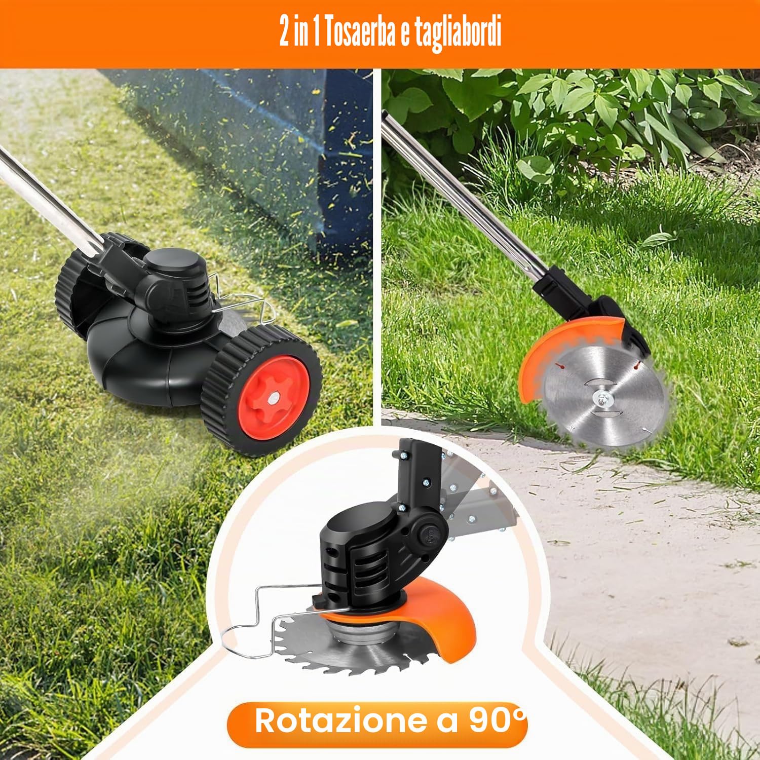 Decespugliatore elettrico con 2 batterie 21 V, 3 lame diverse, batteria con manicotto, ruote rimovibili regolabili, inclinazione regolabile di 90 gradi