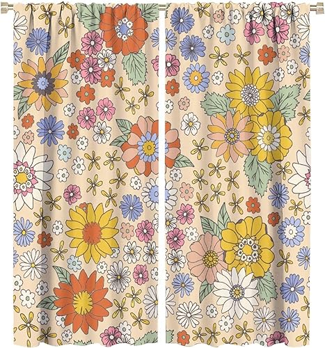 Cortinas florales retro, estilo bohemio colorido de los años 70, tratamiento de ventana de flores vintage para dormitorio, patrón hippie Groovy