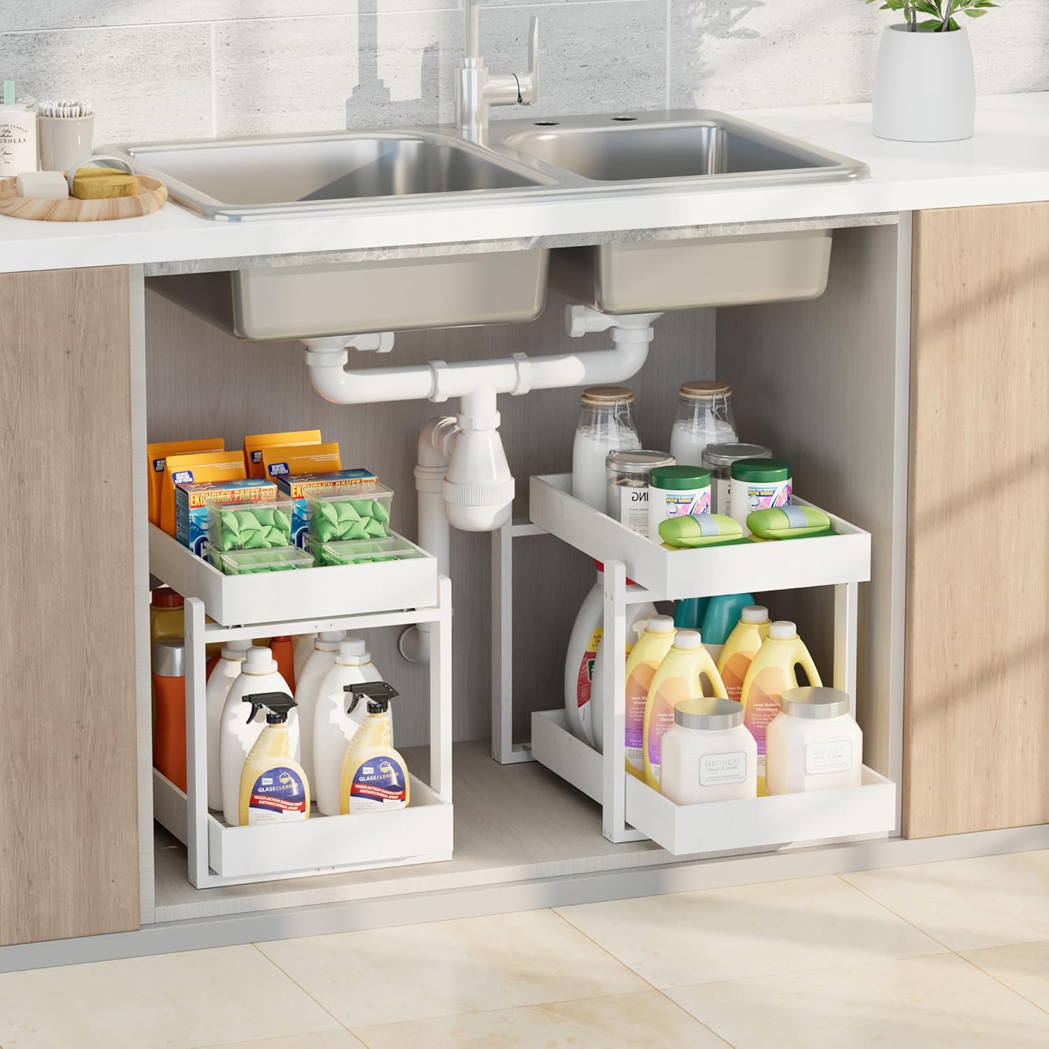 2 Pack Under Sink Organizer, Bamboo Wooden 2-Tier Pull-Out Storage with Sliding Drawers for Kitchen and Bathroom Cabinets, Easy Installation (White) Large White