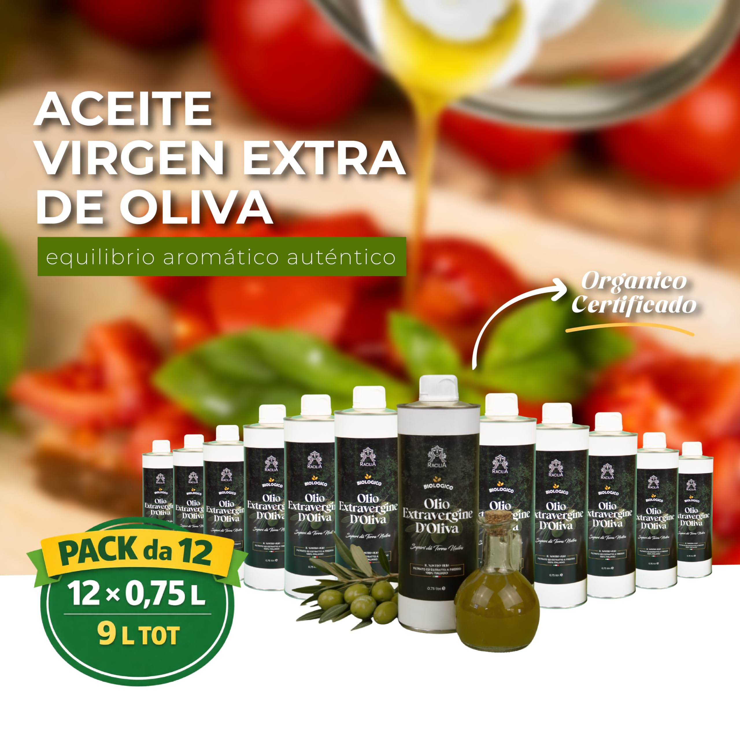 RACILIA Aceite de Oliva Virgen Extra Ecológico - Aceite AOVE Bio 100% Italiano, Prensado en Frío - 750ml x 12