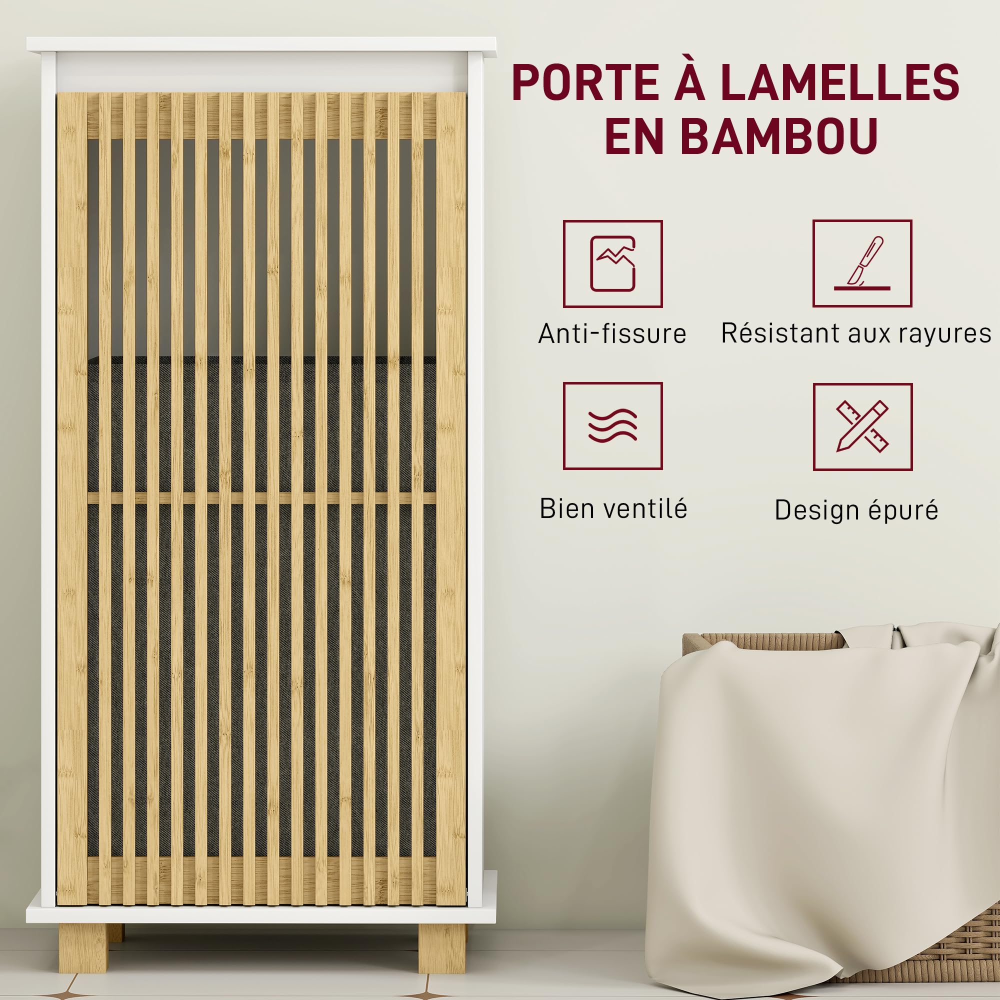 HOMCOM Meuble salle de bain 40 x 30 x 80 cm Blanc et Effet Bois Naturel | Panier À Linge, Armoire De Rangement, Porte À Lattes En Bambou, Sac Amovible