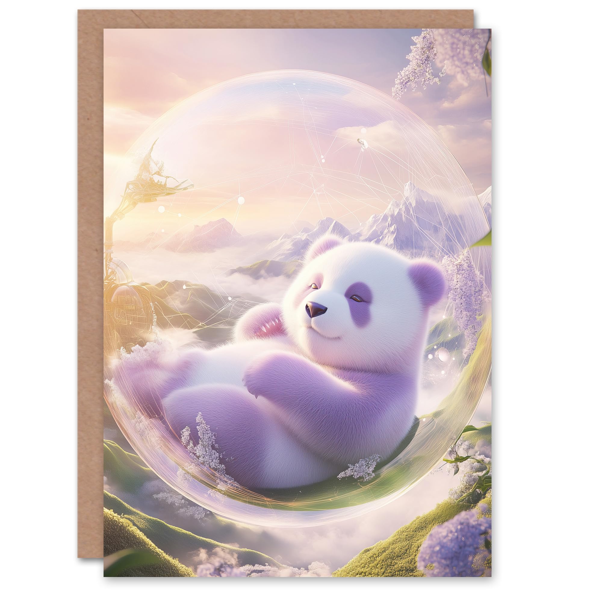 Purple Baby Panda Bear in Bubble Fantasy Art Birthday Greeting Card