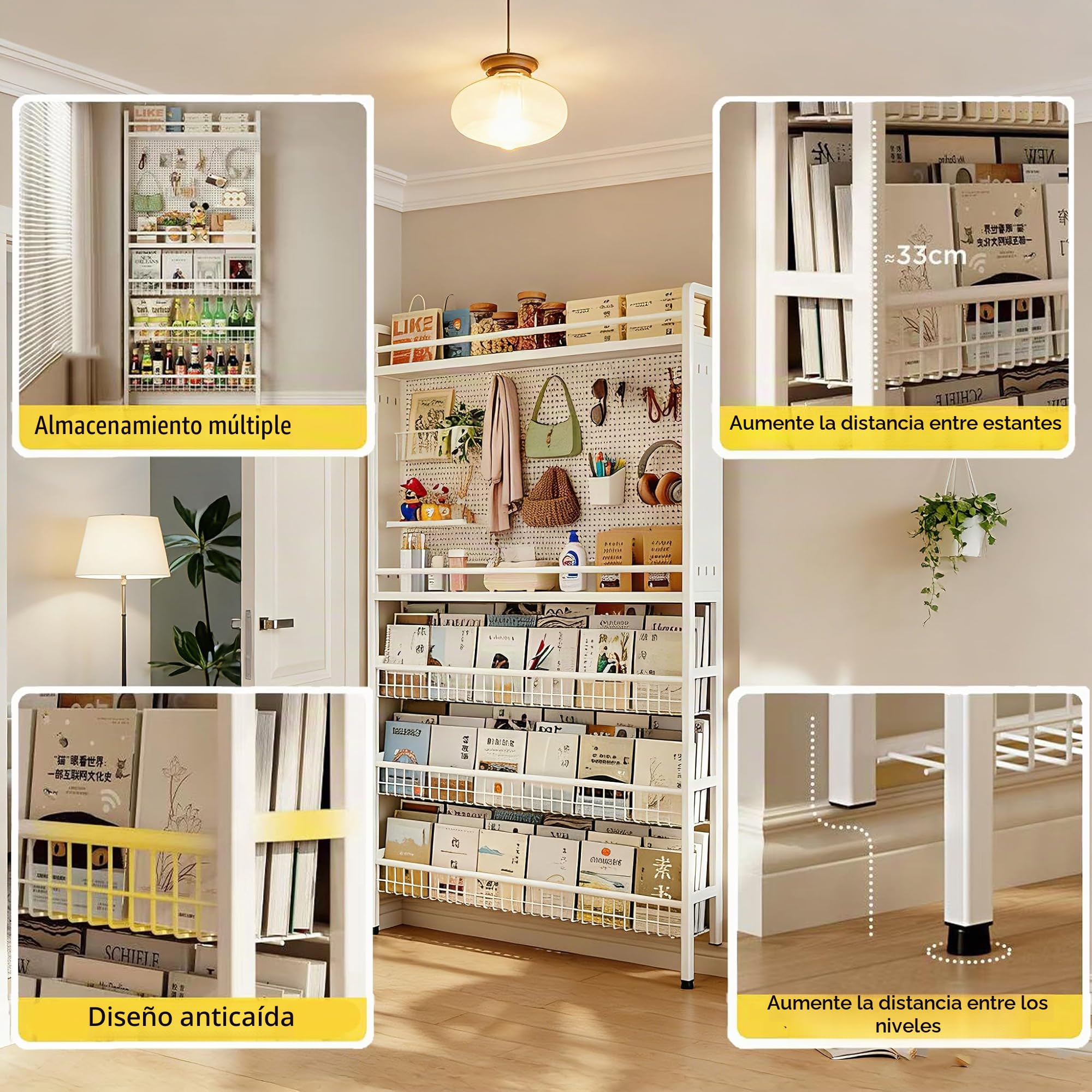 Estantería de 5 niveles detrás de la puerta – Estantería de metal con organizador de almacenamiento, estantería de pared para juguetes y libros, ahorro de espacio, estantería estrecha para estudios
