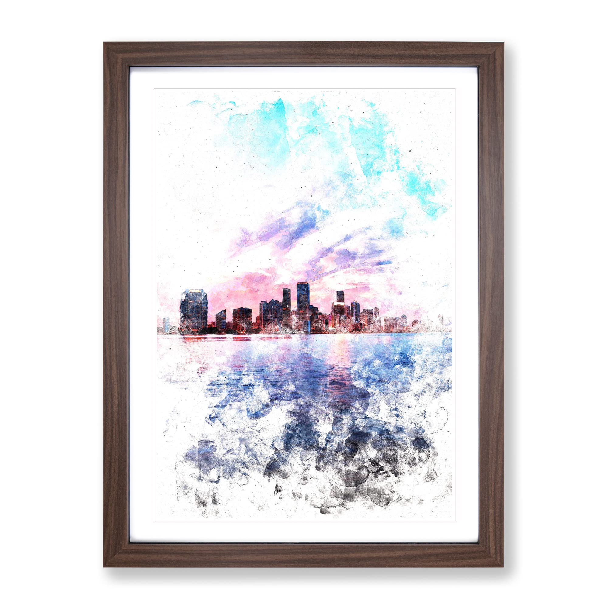 Miami Florida Skyline Watercolour Modern Framed Wall Art Print