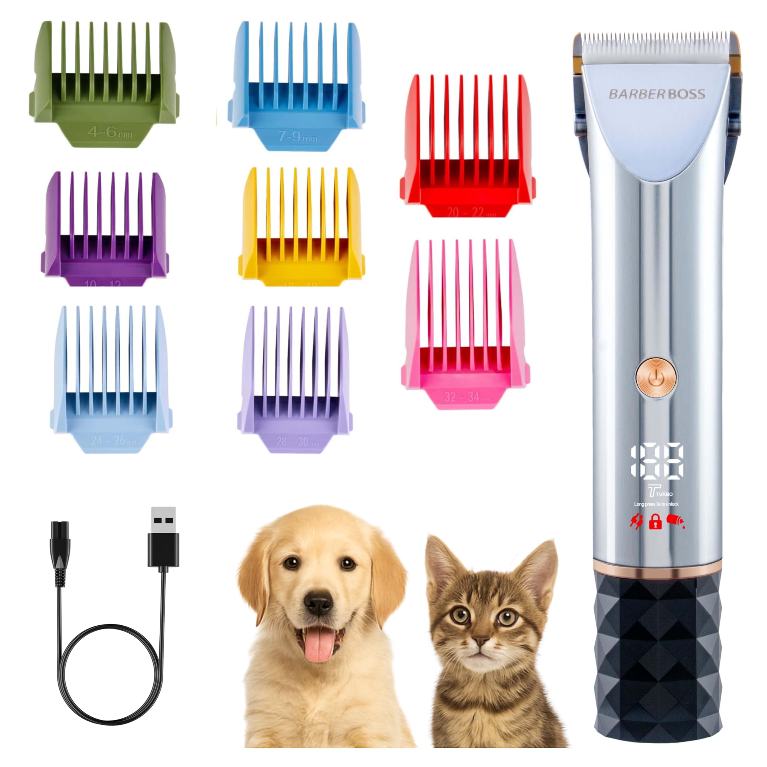 BarberBoss Dog Grooming Clippers, Cordless Pet Trimmer with Nail Kit, Quiet Groomer for Dogs & Cats with 8 Guide Combs