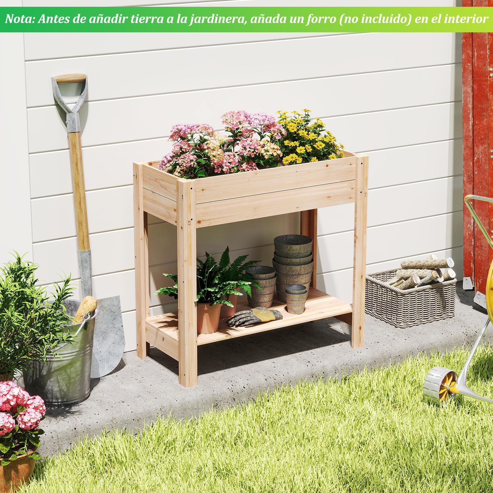 COSTWAY Cama de Jardín Elevada de Madera con Patas 81 x 38 x 77 cm, Huerto Urbano, Jardinera Elevada con Estante, Drenaje, Caja de Plantación, Jardineras Altas Exterior para Terraza Exterior, Natural