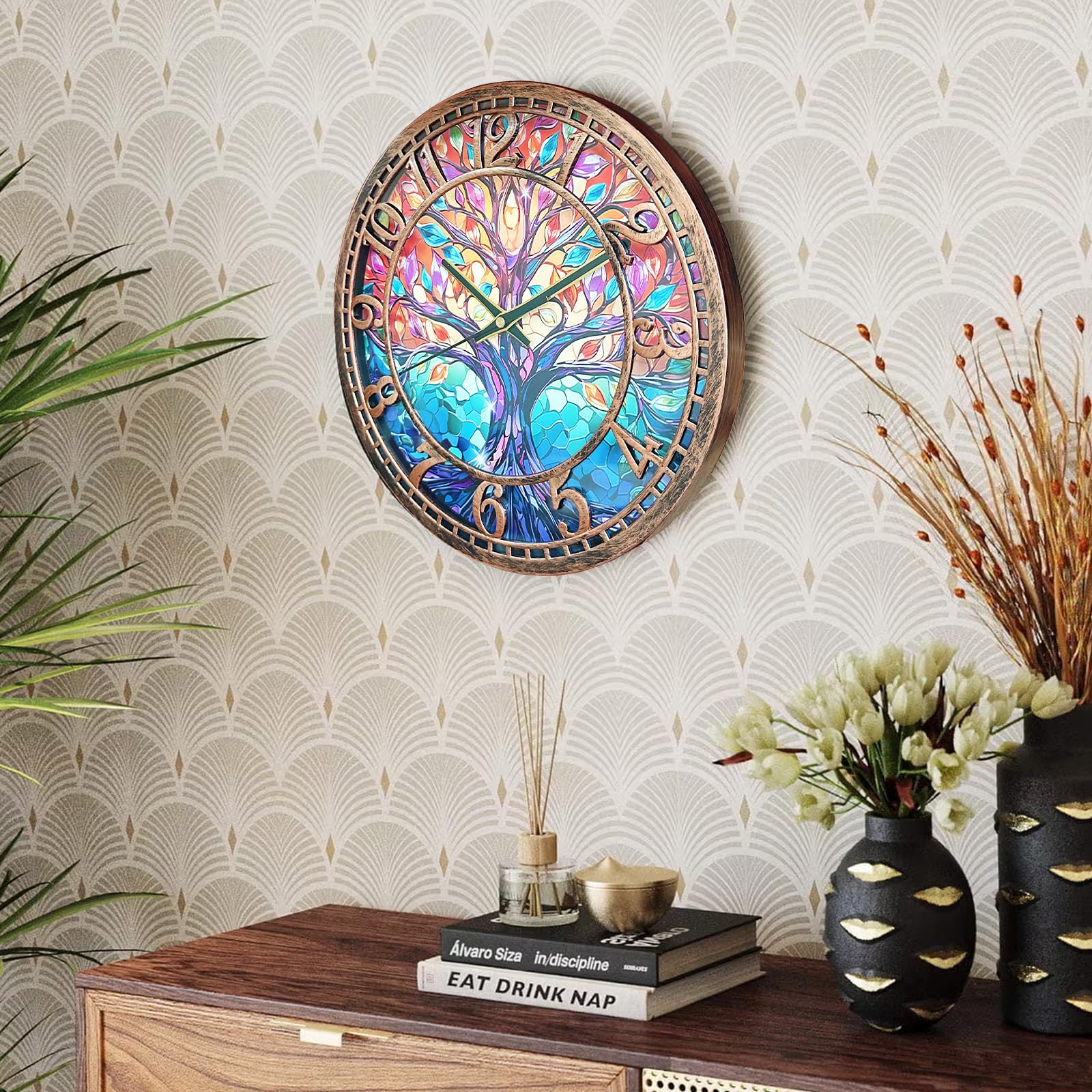 Tree of Life Wall Clock 12inch Silent Movement Non-Ticking Clock Precise Timekeeping Wall Clock Suitable for Living Rooms Bedrooms Offices Ideal for Home Decor Gifts Antique Copper