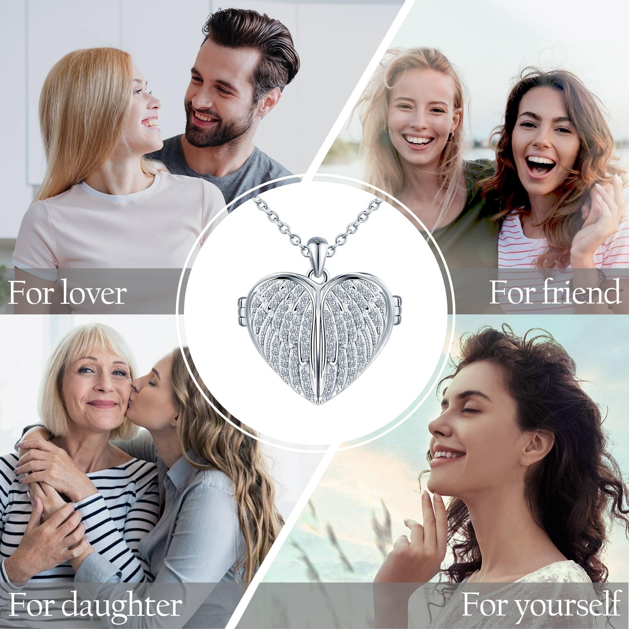 Collana Foto Ciondolo Cuore Argento 925 Medaglione Portafoto Personalizzabile con Ali d’Angelo in Zirconia