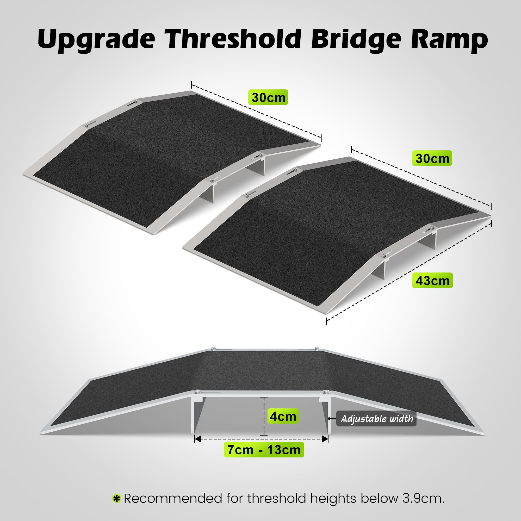 2 rampas de umbral de puente de aluminio de 30 cm de largo x 4 cm de alto para puertas, se adapta a umbrales de 7 a 13 cm de ancho con barras ajustables, rampas antideslizantes para silla de