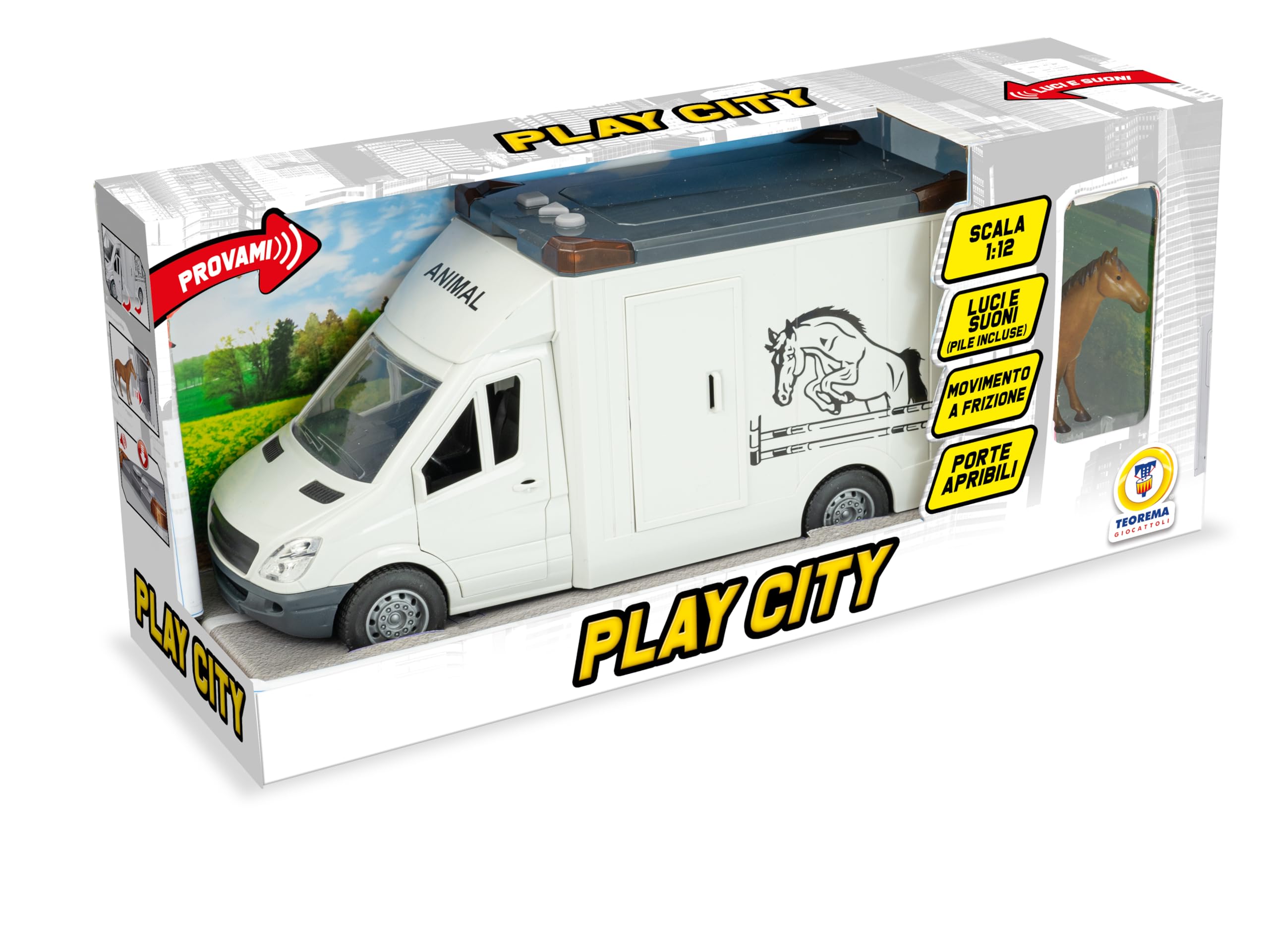 Teorema Giocattoli, Camion per Trasporto Animali con Cavallo Giocattolo Incluso, Camion Giocattolo per Bambini, Furgone con Luci e Suoni Reali, Movimento a Frizione e Porte Apribili, Scala 1:12