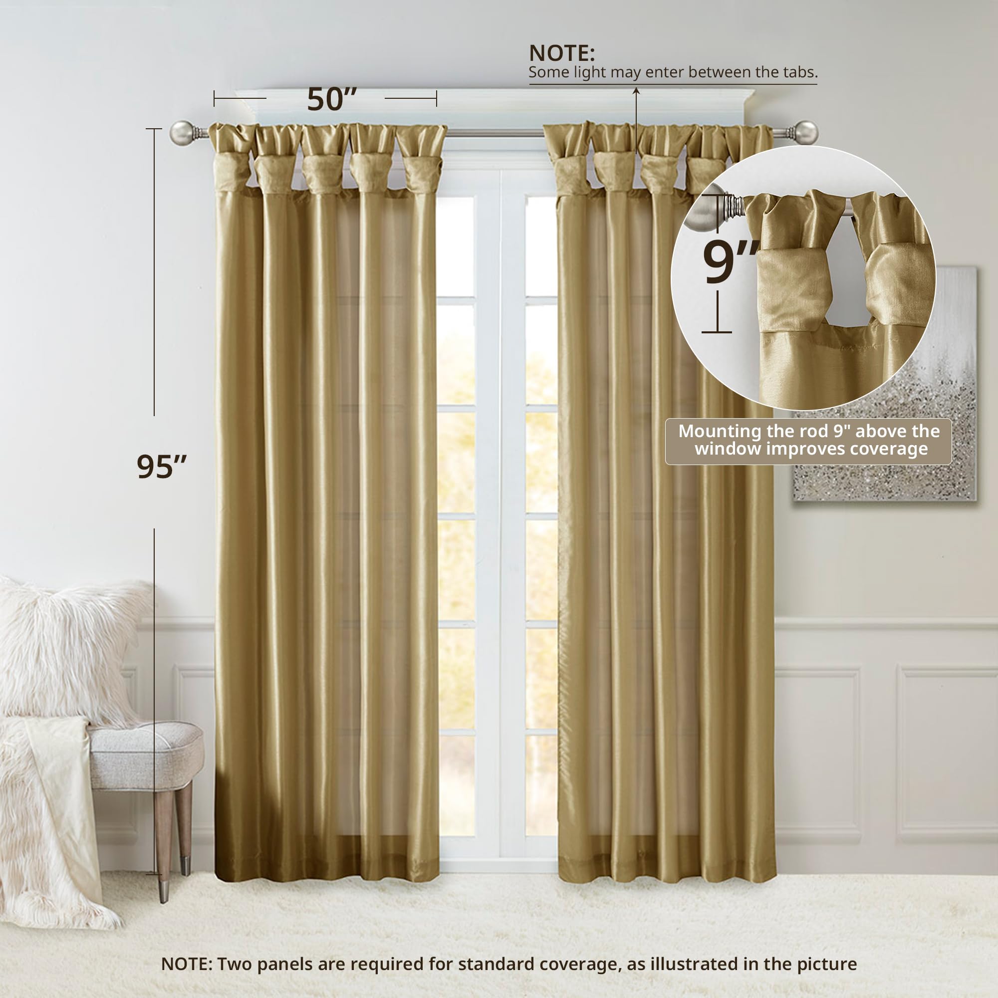 Madison Park Emilia Faux Silk Single Curtain with Privacy Lining, DIY Twist Tab Top - Image 2