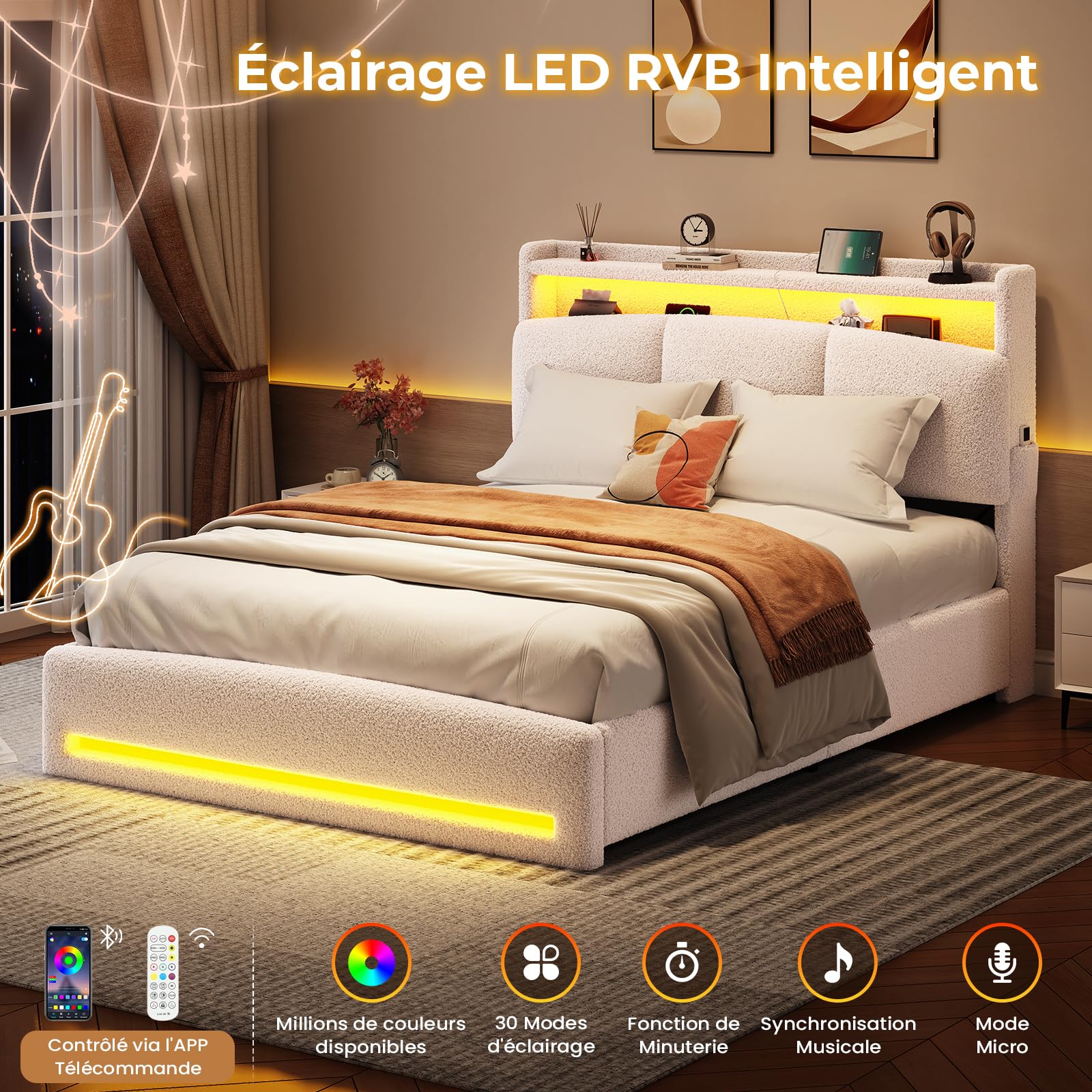 AOGLLATI Polsterbett 140×200 mit Steckdosen und LED-Beleuchtung, Doppelbett mit Stauraum Kopfteil, Bett 140×200 mit Hydraulische Metallrahmen und Lattenrost aus Holz, Bouclé, Beige（Ohne Matratze）