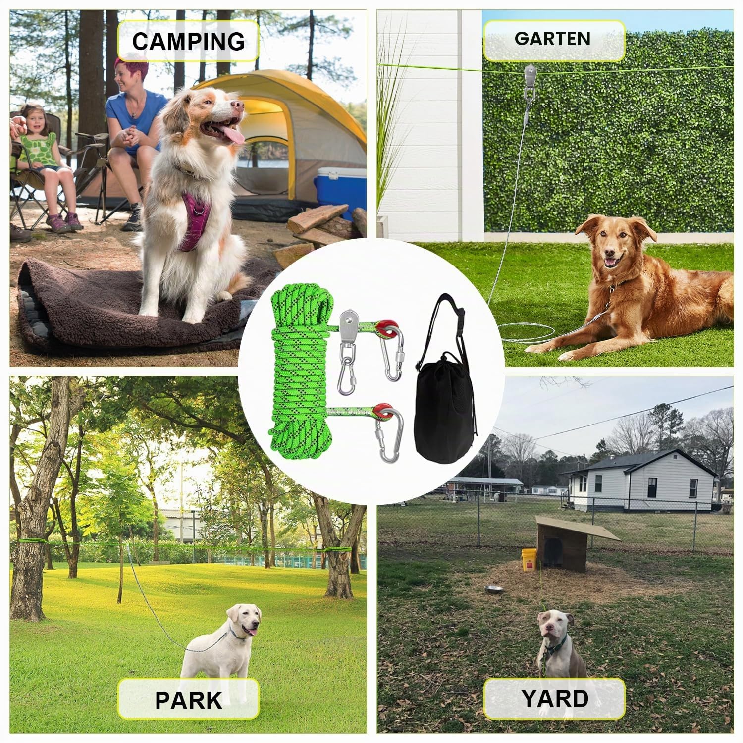 Dog Camping Essentials 15,2 m tragbares Überkopf-Trolley-System, Haustier-Camping-Leine für Hunde bis zu 90 kg, Hundeläufer für Hof, Grün