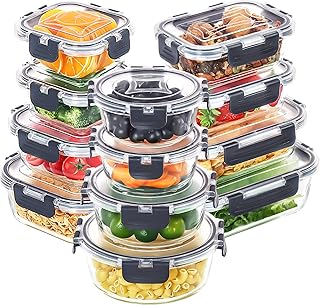 Skroam 24-Piece Glass Container Set with Lids - Food Storage Containers for Food, Meal Prep Boxes, Microwave Safe, BPA-Free (12 Containers & 12 Lids)